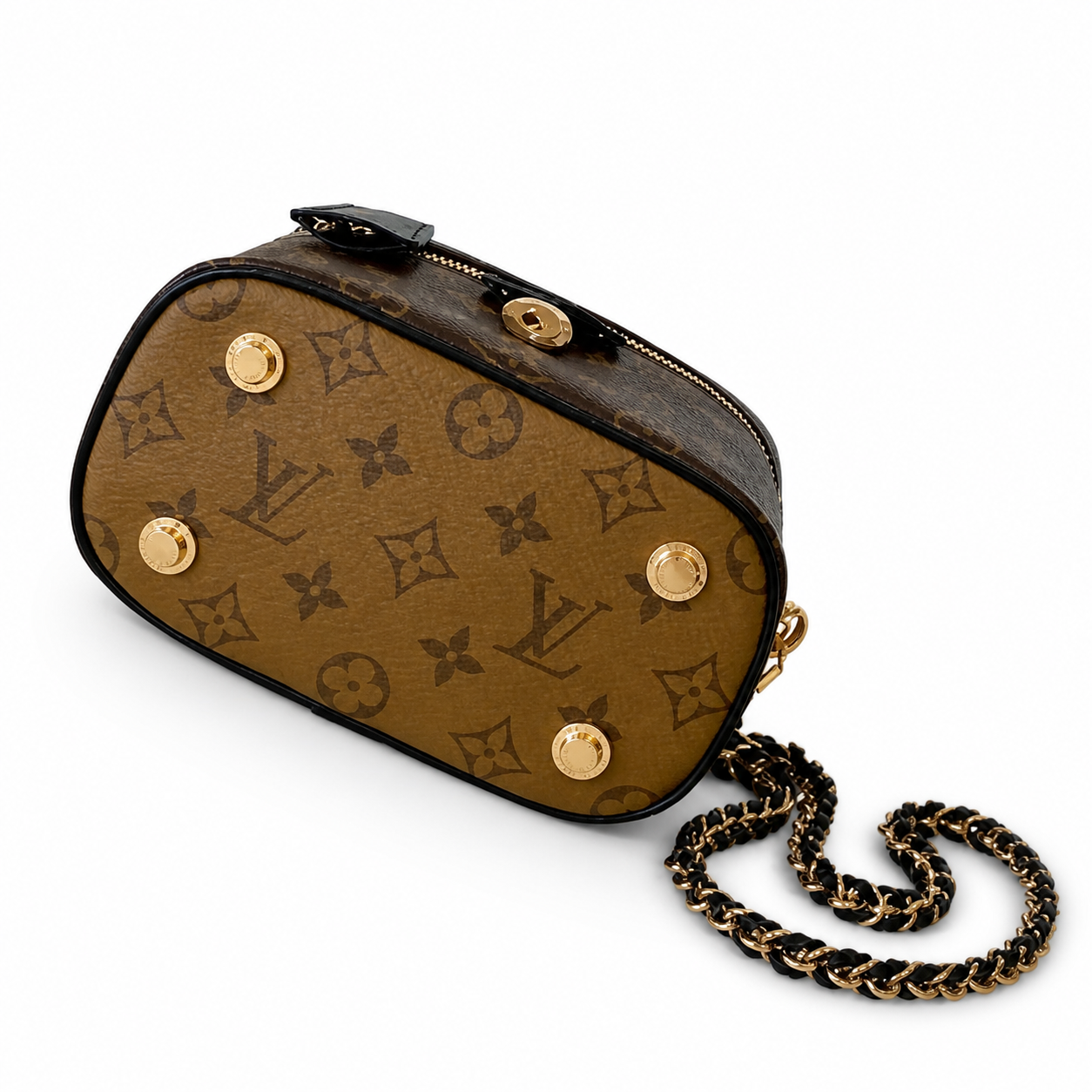 Louis Vuitton Cylinder Vanity — Monogram Canvas, Black Leather-Woven Chain & Gold Ring Clasp