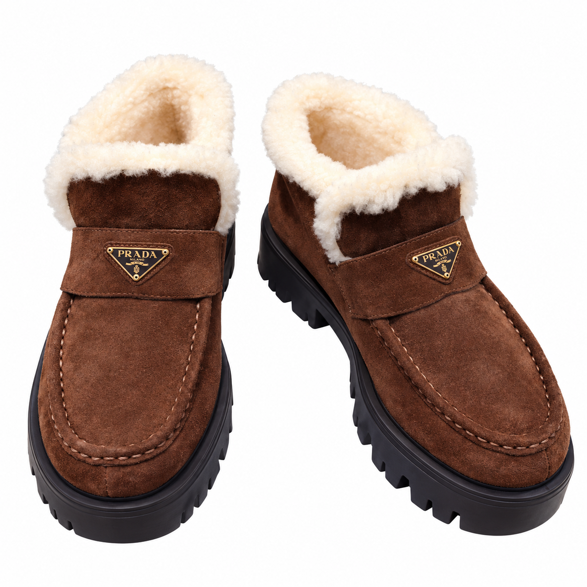 Prada Brown Plush-Trim Lug-Sole Ankle Boots