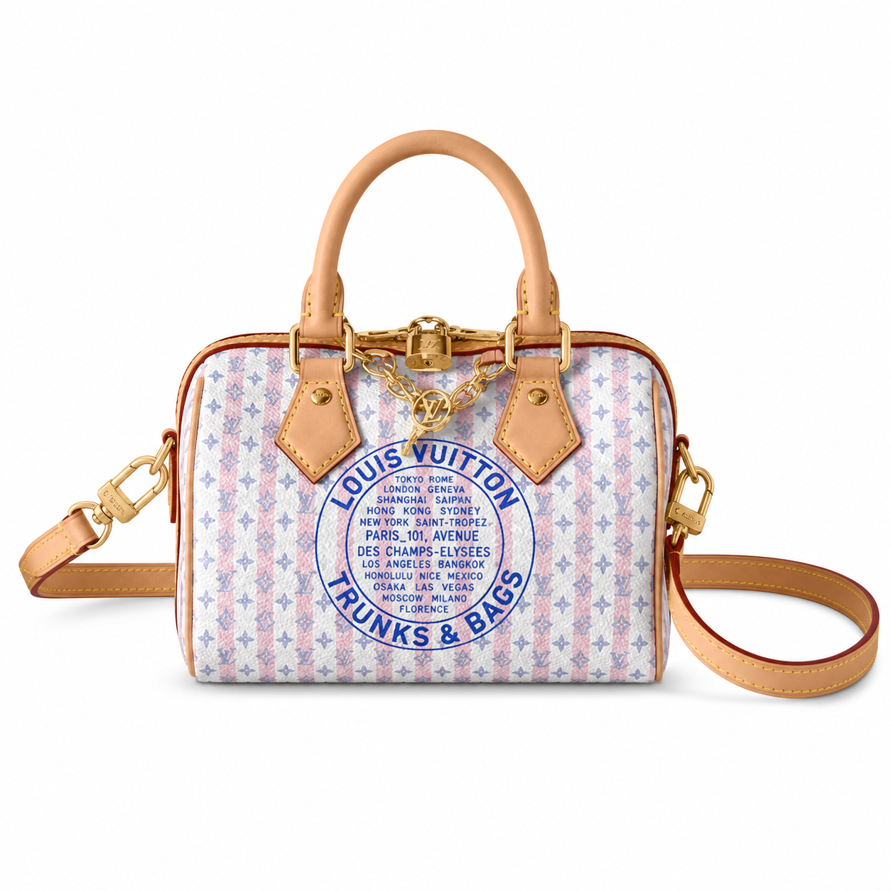 Louis Vuitton Speedy Bandoulière 20 — Monogram Stripe in Rose & Bleu with Vachetta Trim