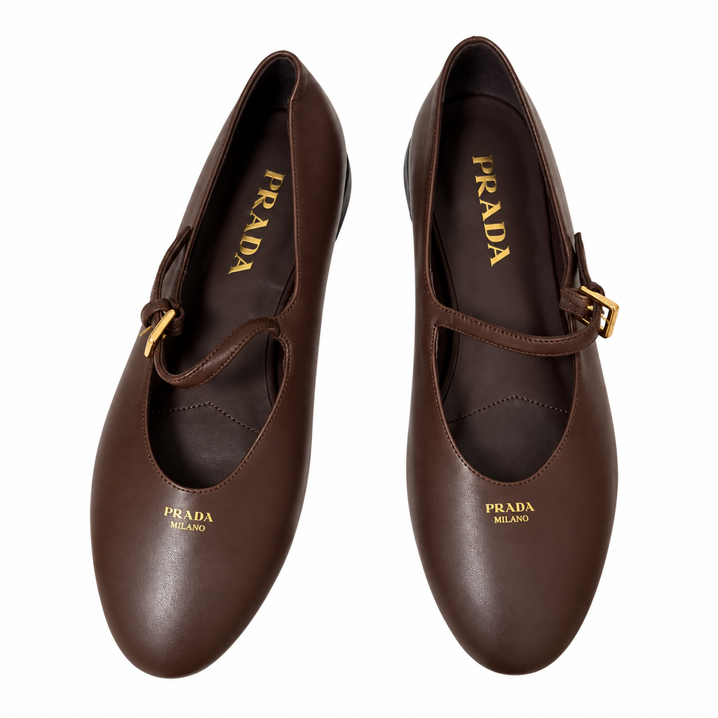Prada Brown Buckled Mary Jane Ballet Flats