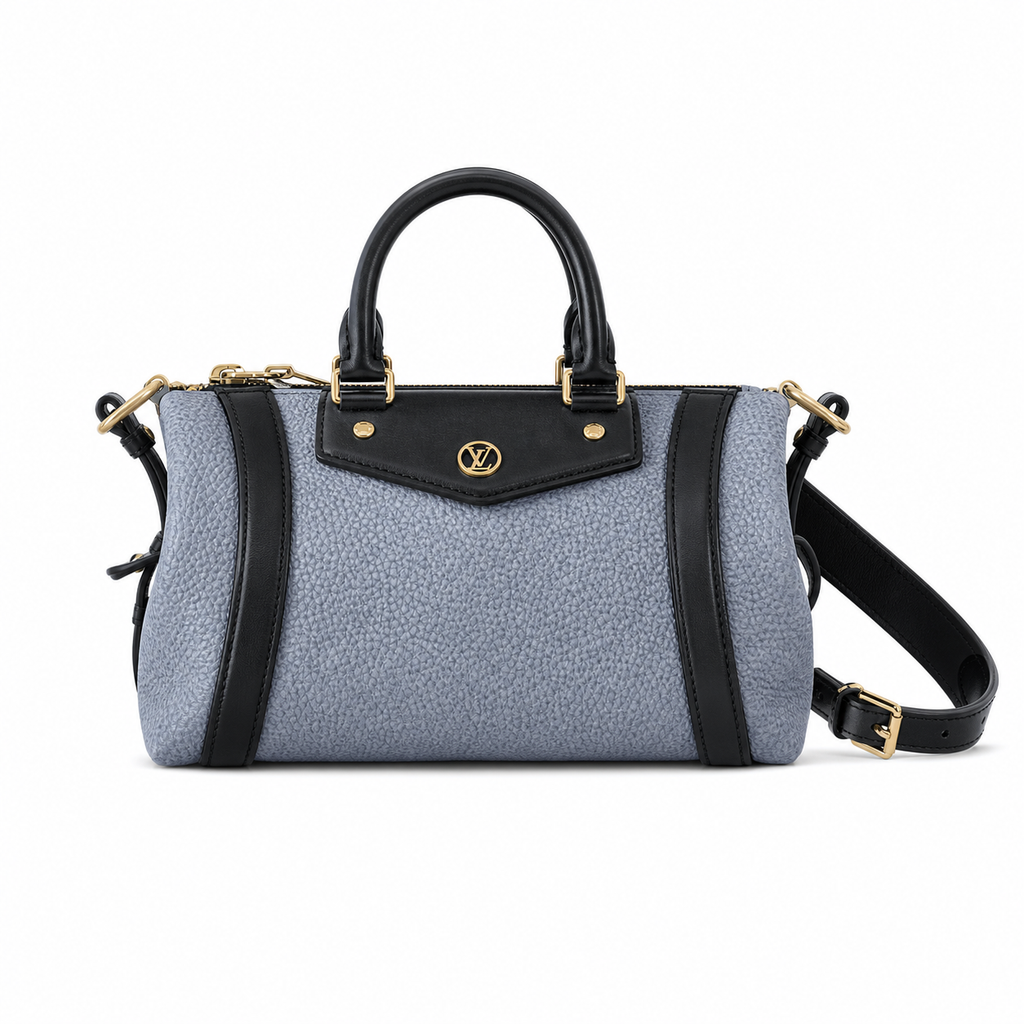 Louis Vuitton Cylinder Bag — Bleu Glacier Metallic, Racing Stripes, Gold LV Badge & Front Flap Pocket