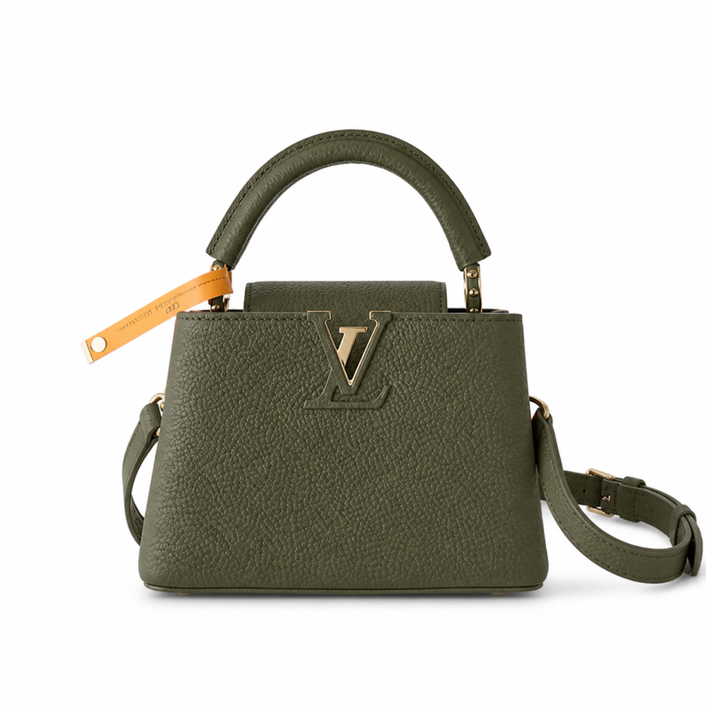 Louis Vuitton Capucines BB & Mini — Khaki Vert Taurillon, Gold LV Clasp & Orange Contrast Strap