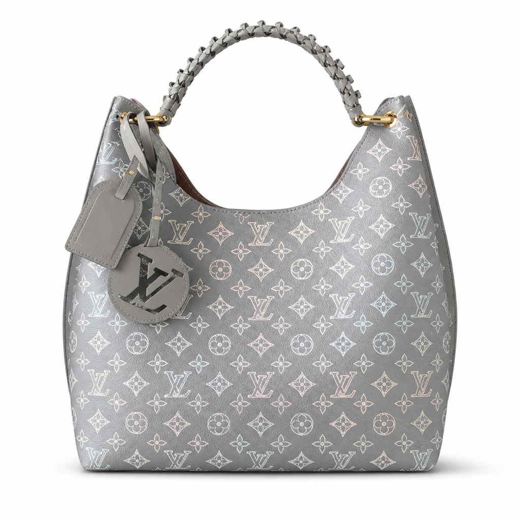Louis Vuitton Iridescent Hobo — Grey Monogram Canvas, Braided Handle, LV Round Charm & Pink Interior