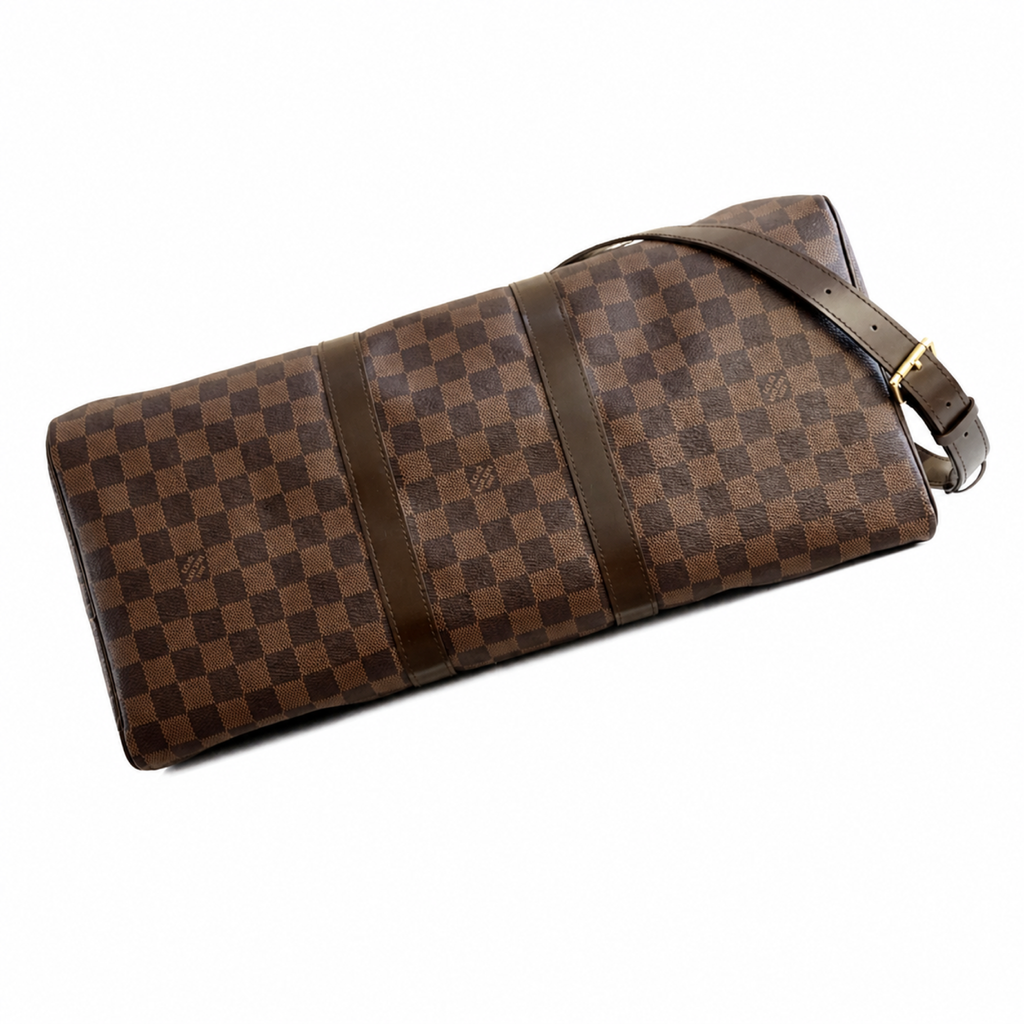 Louis Vuitton Keepall Bandoulière 45 — Damier Ébène, Dark Leather Handles & Gold Padlock