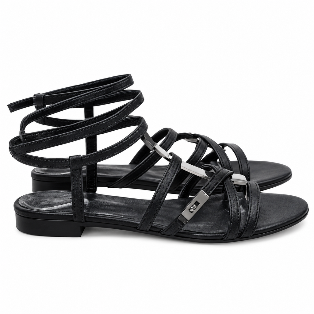 Hermès Black Strappy Flat Ankle-Strap Sandals