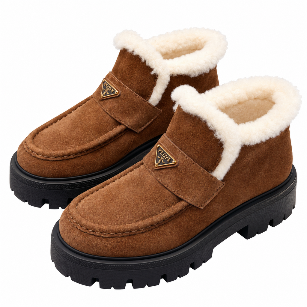 Prada Cognac Plush-Trim Lug-Sole Ankle Boots