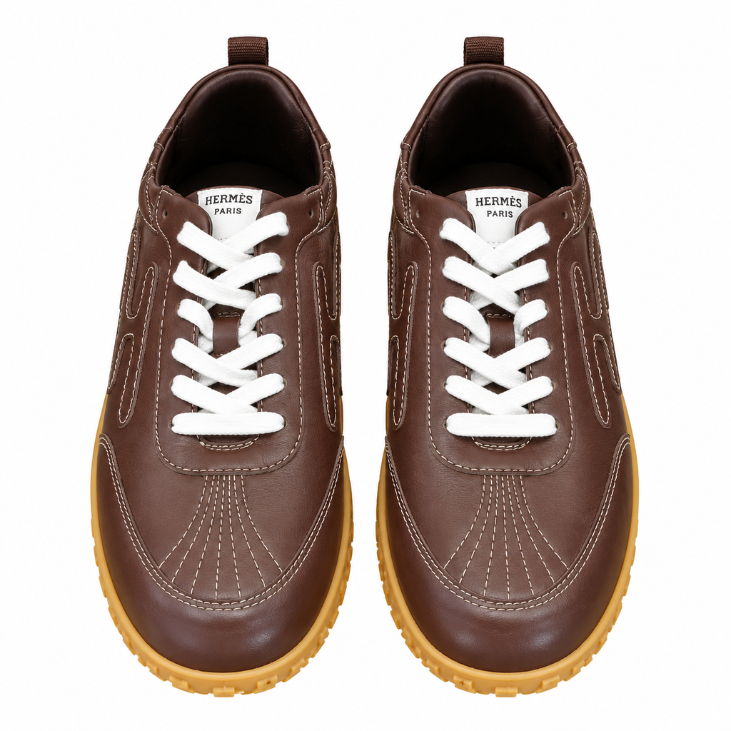 Hermès Brown Contrast-Stitch Lace-Up Sneakers