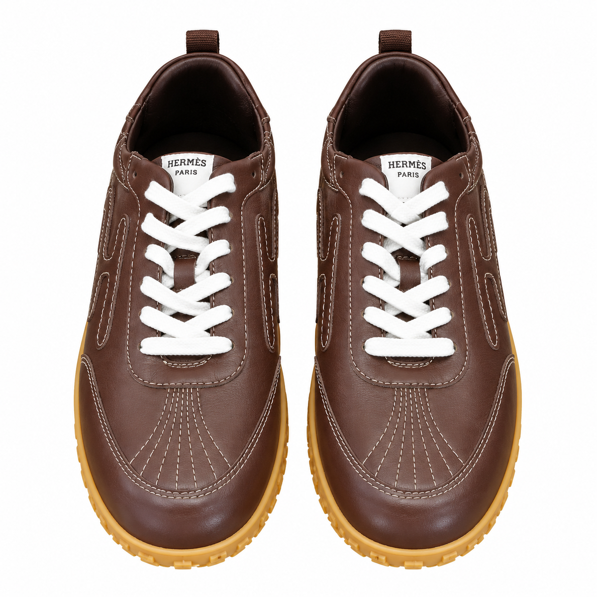 Hermès Brown Contrast-Stitch Lace-Up Sneakers