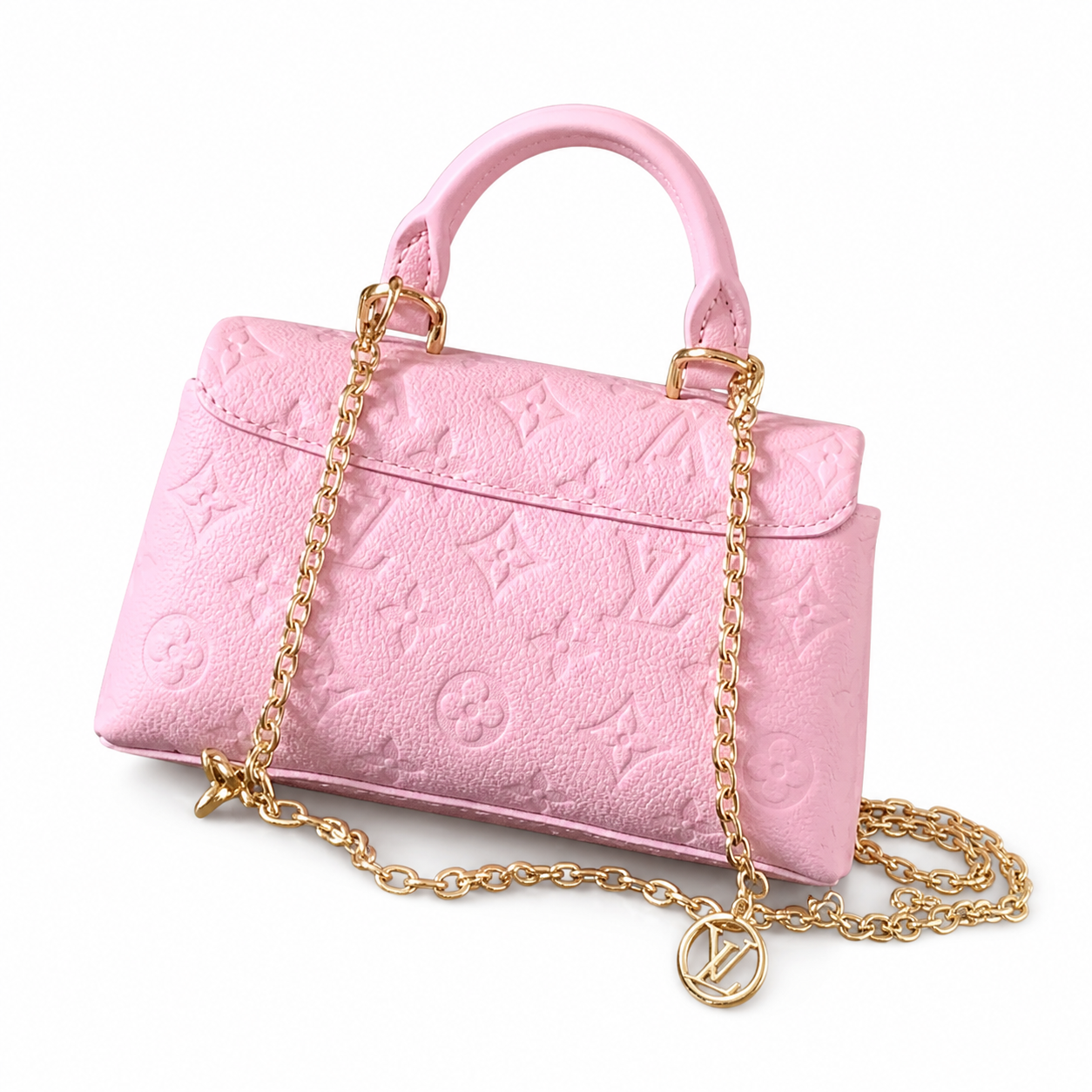 Louis Vuitton Dauphine Mini — Monogram Empreinte Leather in Rose Bonbon with Gold Chain & LV Charm