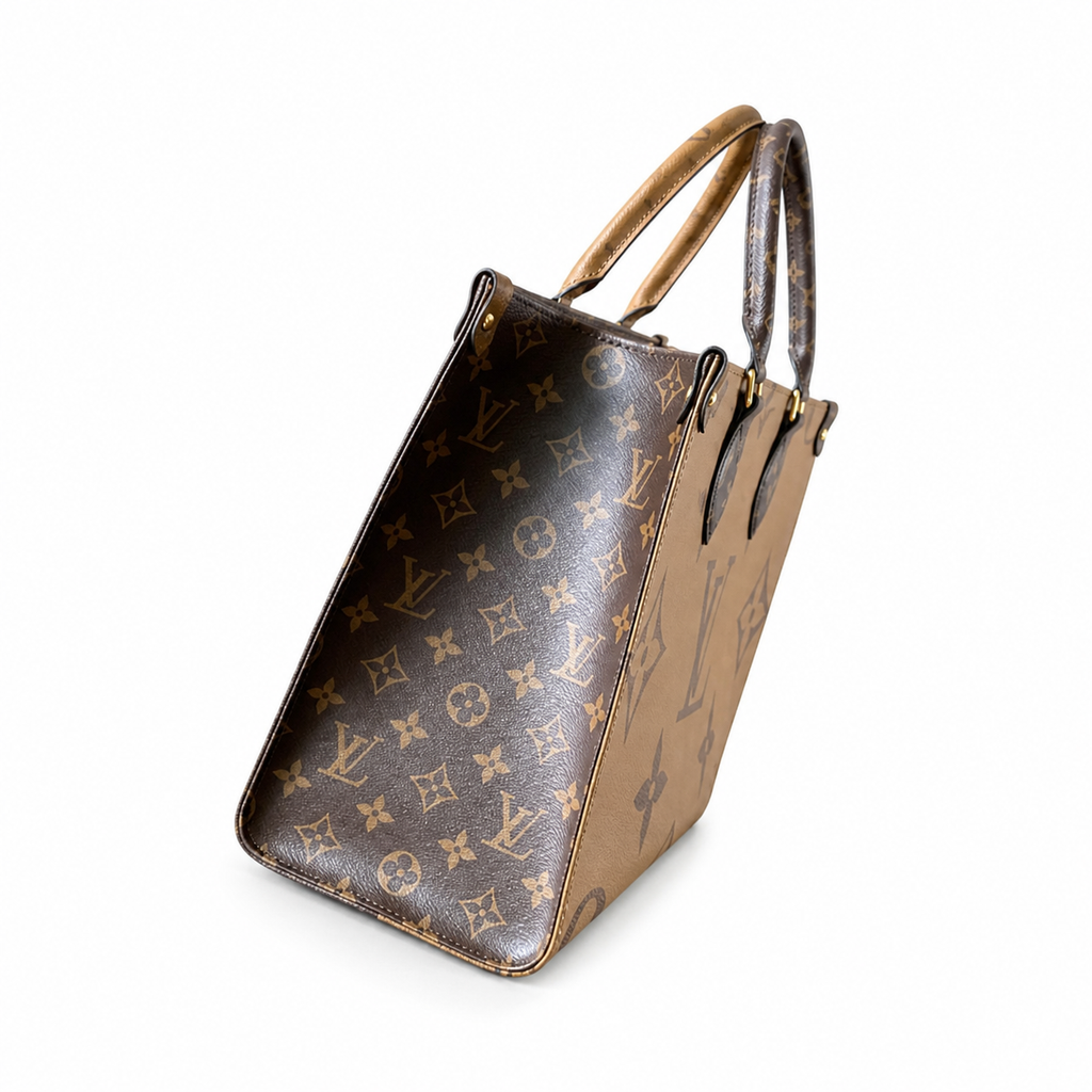 Louis Vuitton Structured Tote — Monogram Canvas, Black Leather Straps & Red Interior