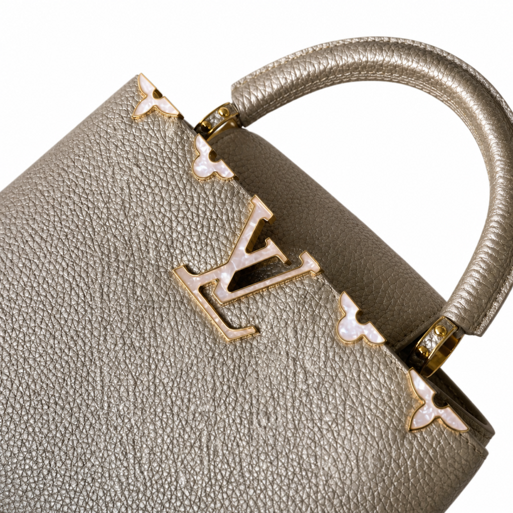 Louis Vuitton Capucines BB — Champagne Gold Taurillon, Mother-of-Pearl LV Clasp & Floral Corners