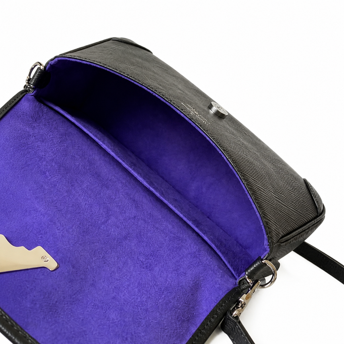 Louis Vuitton Flap Crossbody — Black Epi Leather, Silver Flip-Lock & Violet Suede Interior