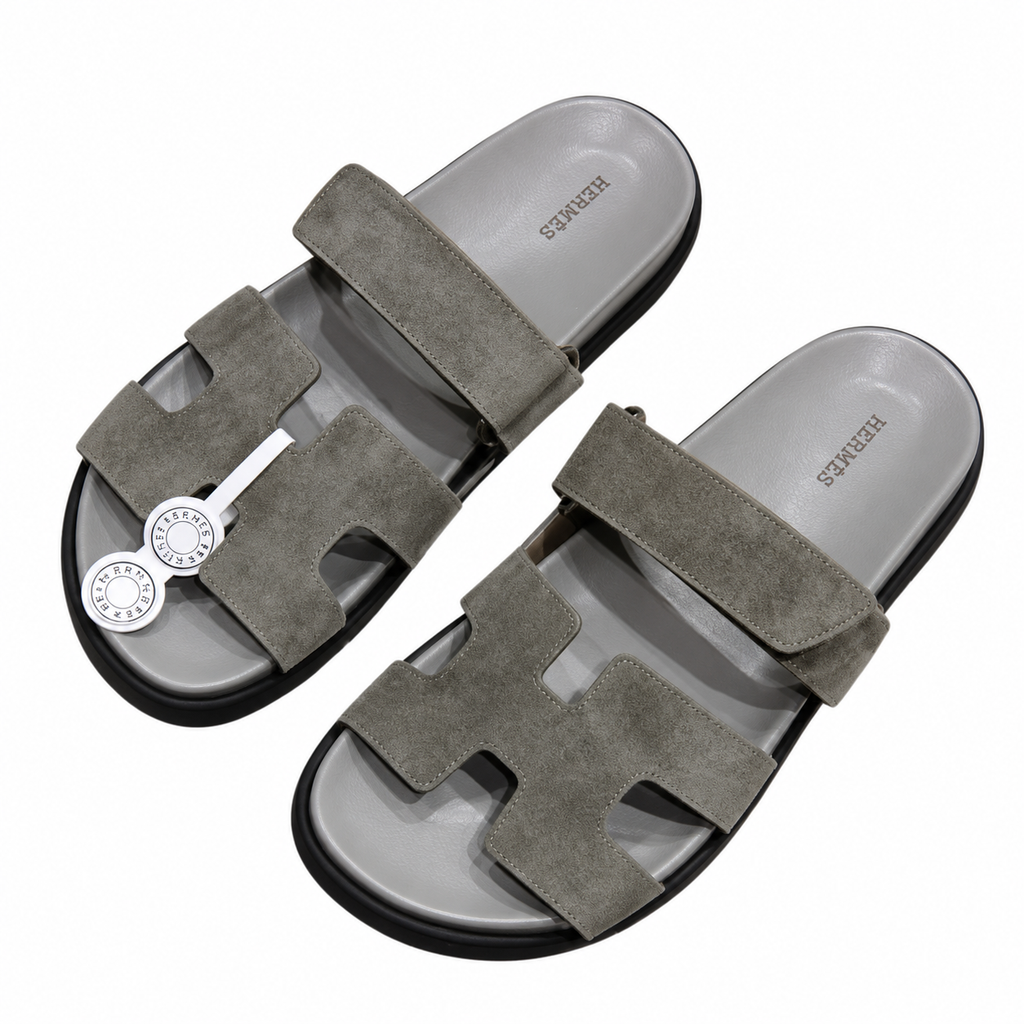 Hermès Grey Textured Leather H-Cutout Slides