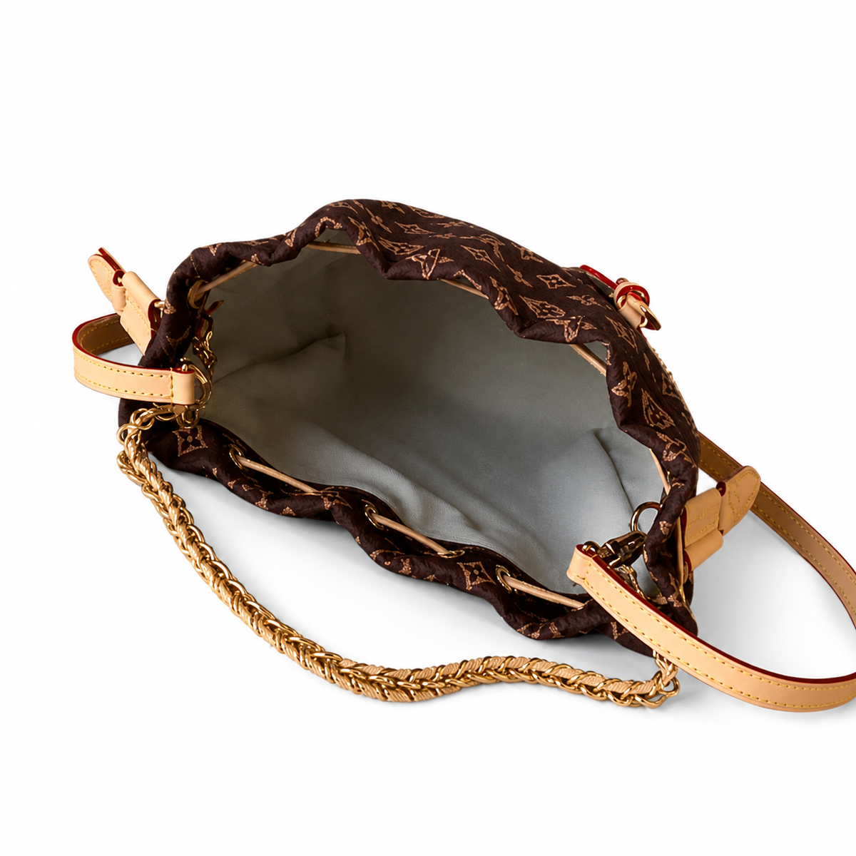Louis Vuitton Noé BB — Monogram Idylle, Vachetta Braided Chain Handle, LV Horseshoe Clasp & Grey Interior