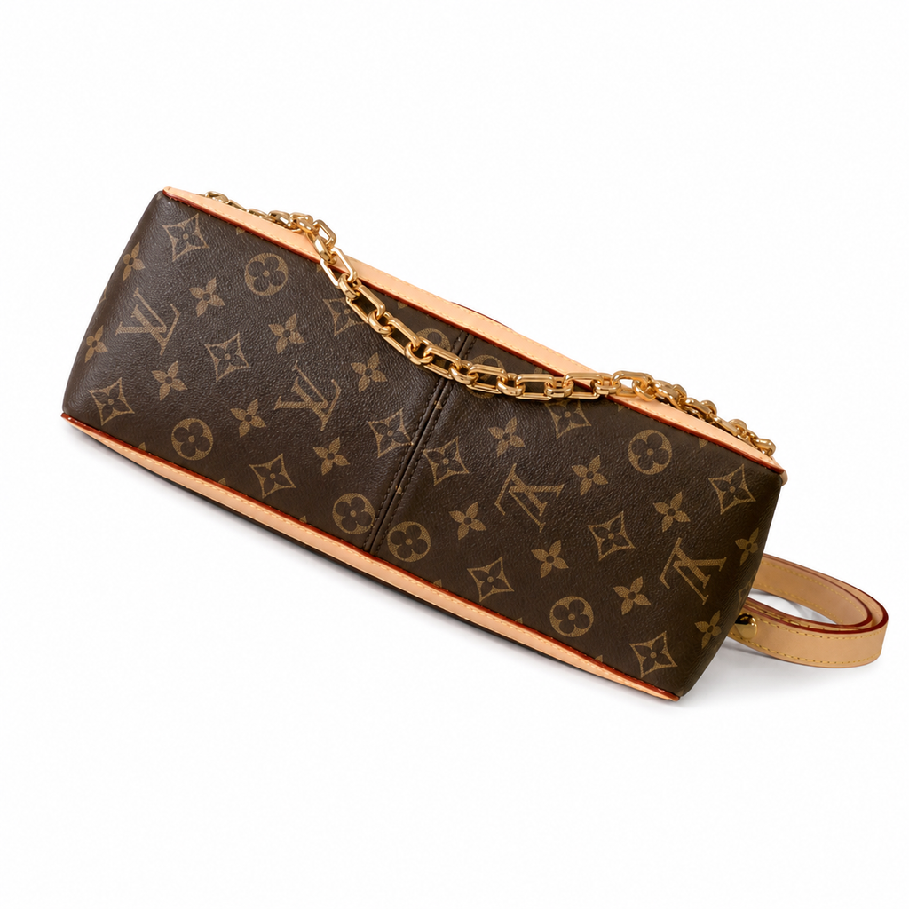 Louis Vuitton Dauphine MM — Monogram Canvas, Vachetta Flap Trim, LV Turn-Lock & Chunky Gold Chain