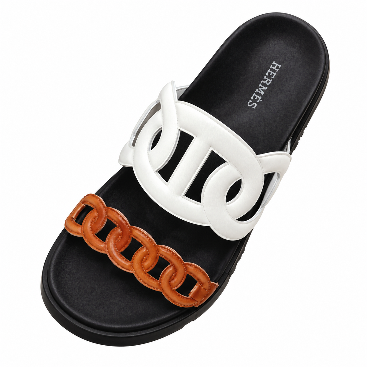 Hermès White and Tan Chain-Link Slide Sandals