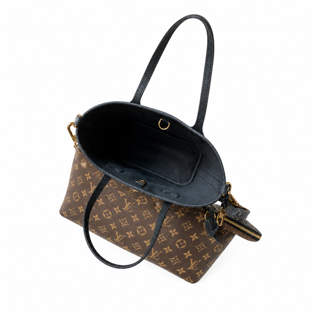 Louis Vuitton Monogram Clutch — Dark Brown Leather Edge Trim, Wristlet Strap & Full-Length Gold Zipper