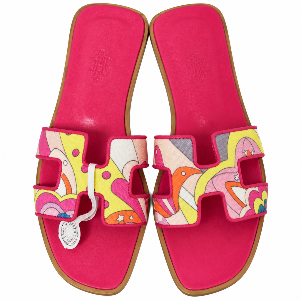 Hermès Fuchsia Printed H-Cutout Slide Sandals