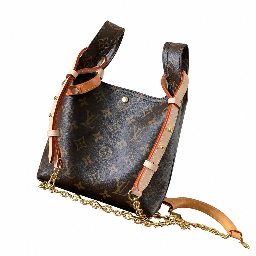 Louis Vuitton Mini Bucket — Monogram Canvas, Red-Trim Vachetta Strap & Gold Chain Base