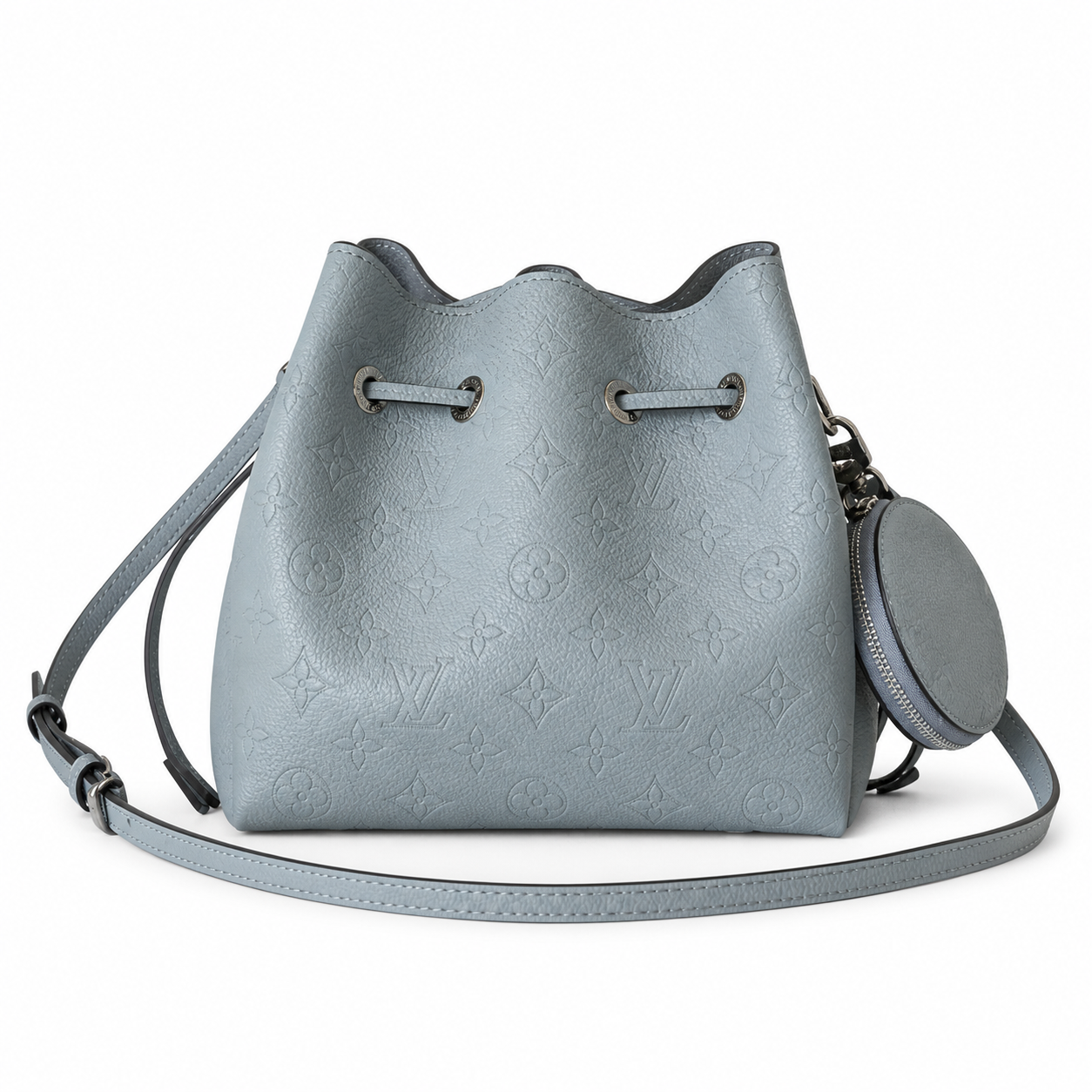 Louis Vuitton Mahina Mini Bucket — Bleu Glacier Perforated, Braided Chain Handle & Round Coin Purse Set