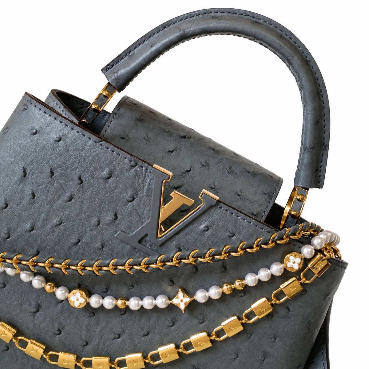 Louis Vuitton Capucines BB — Autruche Ostrich Leather in Bleu Orage with Jewelled Chain & Gold Hardware