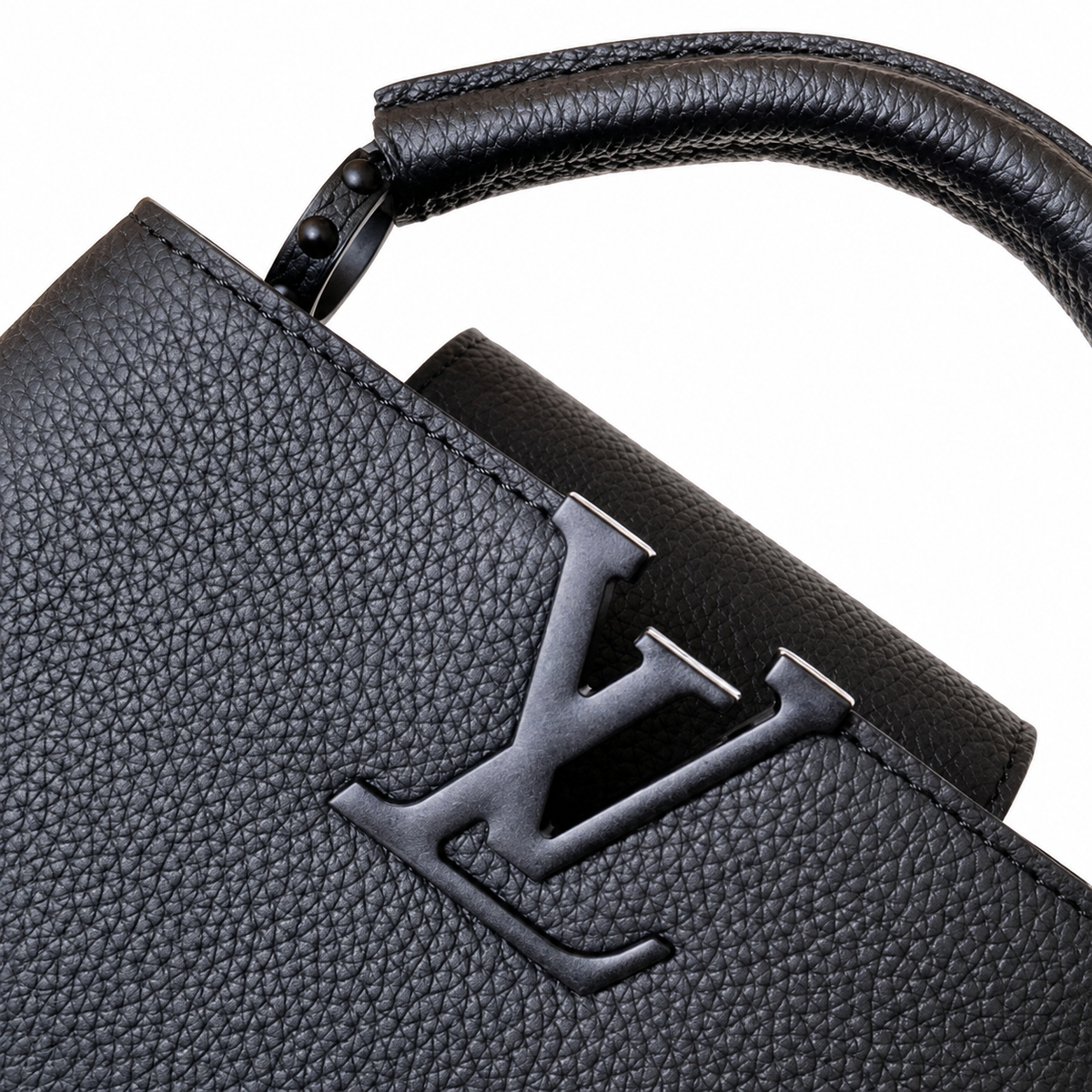 Louis Vuitton Capucines Mini — Noir Taurillon, Matte Black LV Turn-Lock & Black Chain Strap