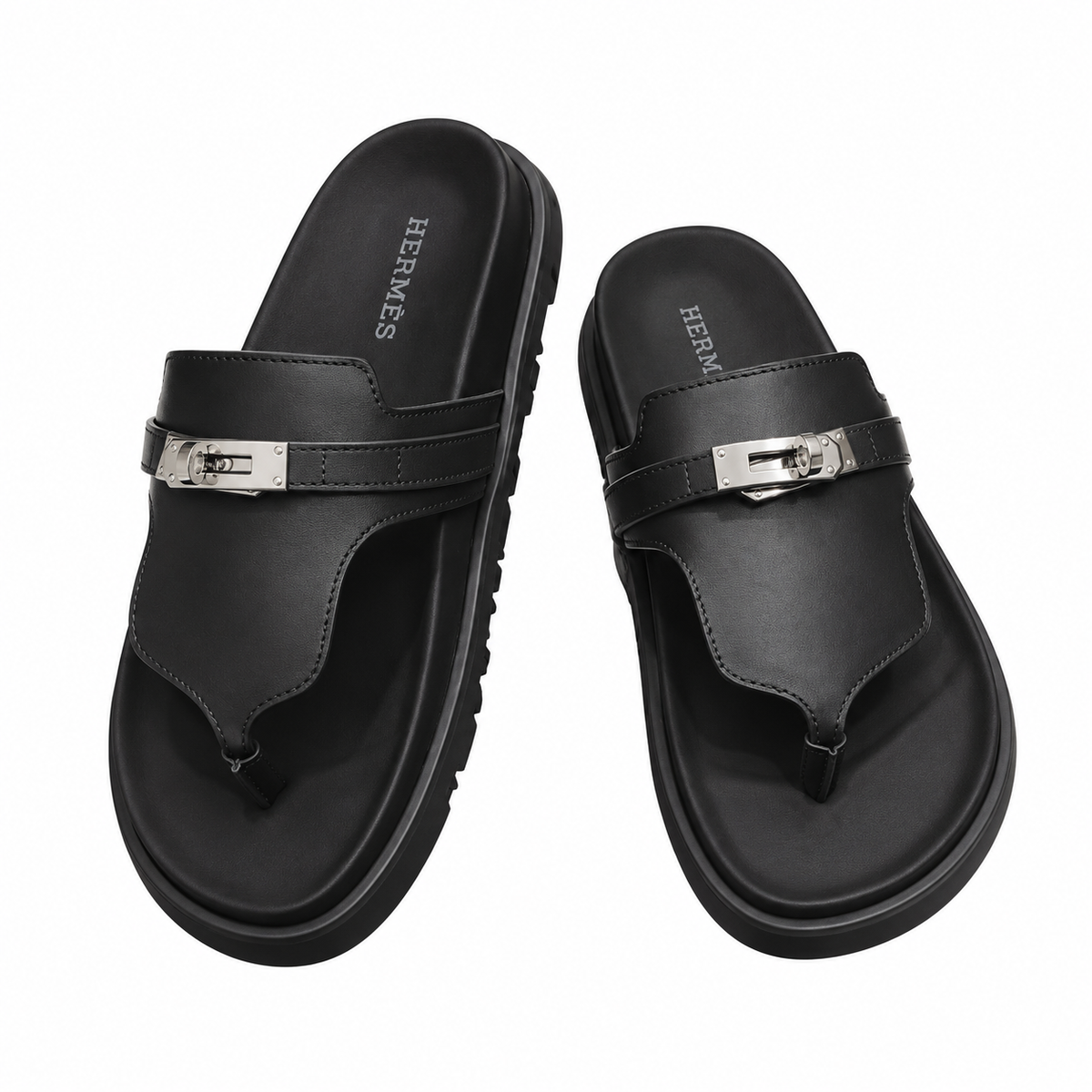 Hermès Black Thong Sandals with Silver Buckle