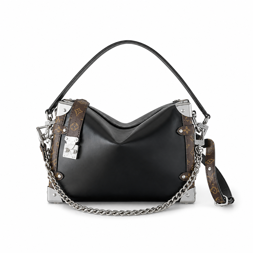 Louis Vuitton Side Trunk MM — Noir Calfskin, Monogram Canvas Frame, Silver V-Lock, Chunky Chain & Dual Closure