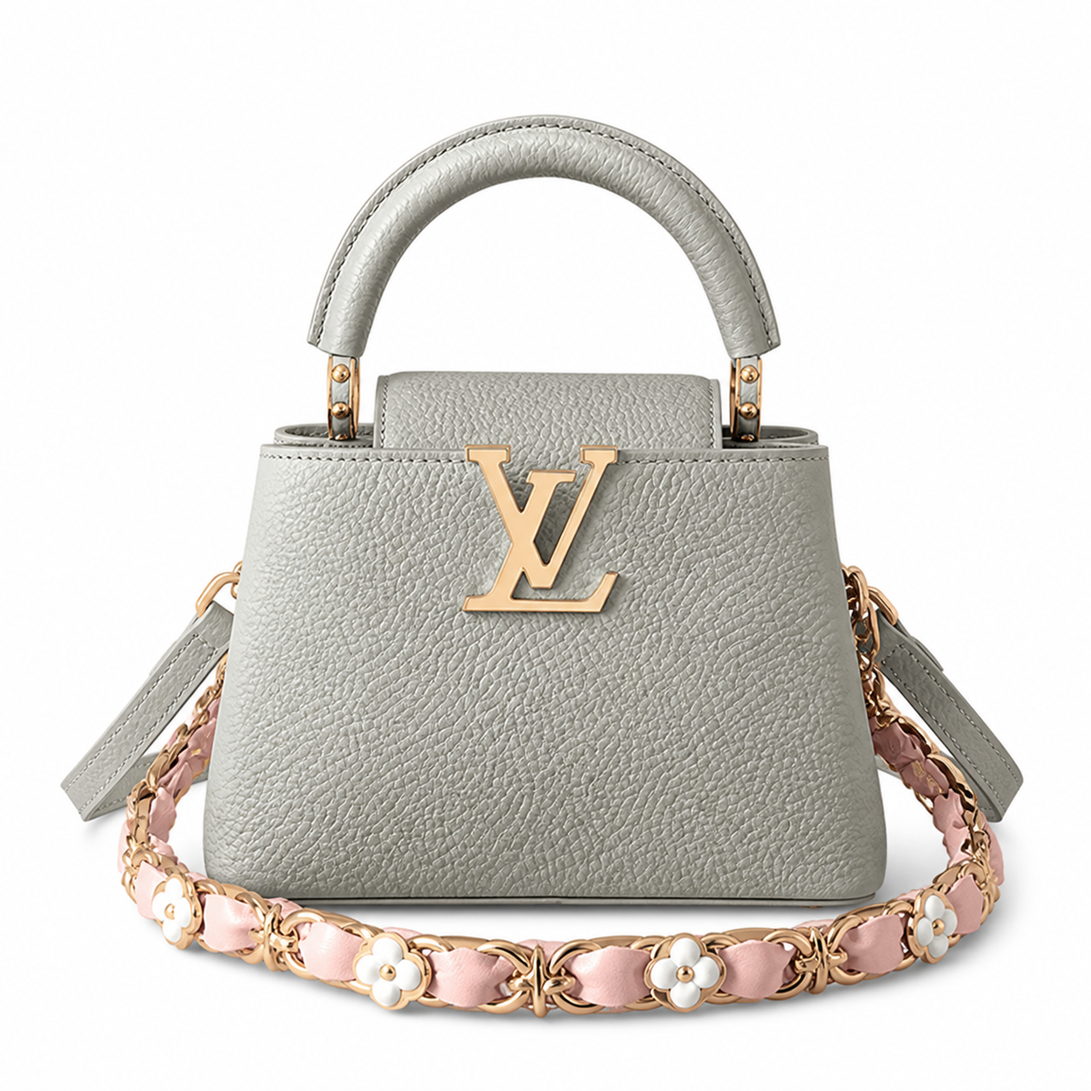 Louis Vuitton Capucines Mini — Taurillon Leather in Perle with Pearl Flower Chain & Pink Leather Weave