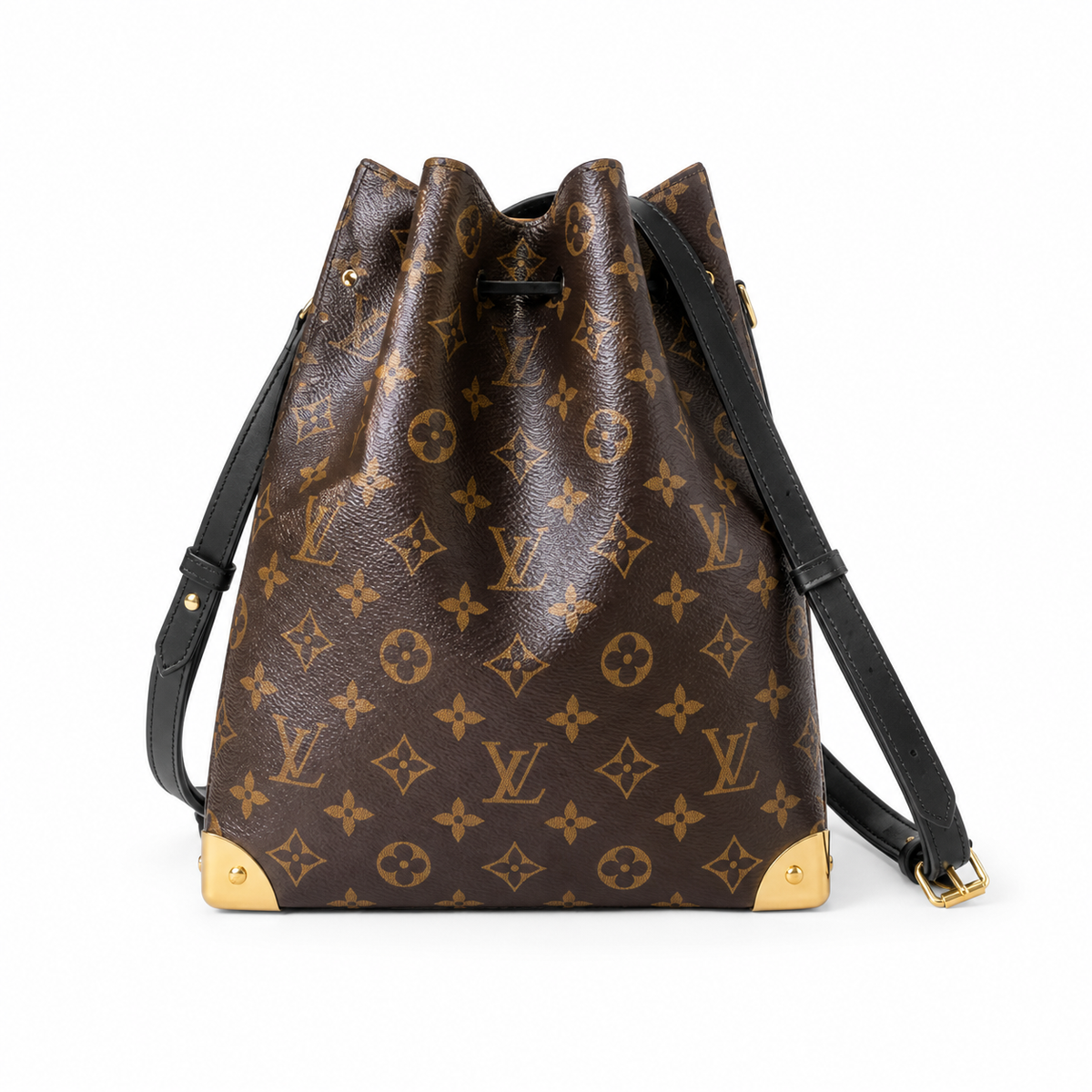 Louis Vuitton Drawstring Bucket — Monogram Canvas, Black Leather Trim, Gold Chain Handle & Corner Guards