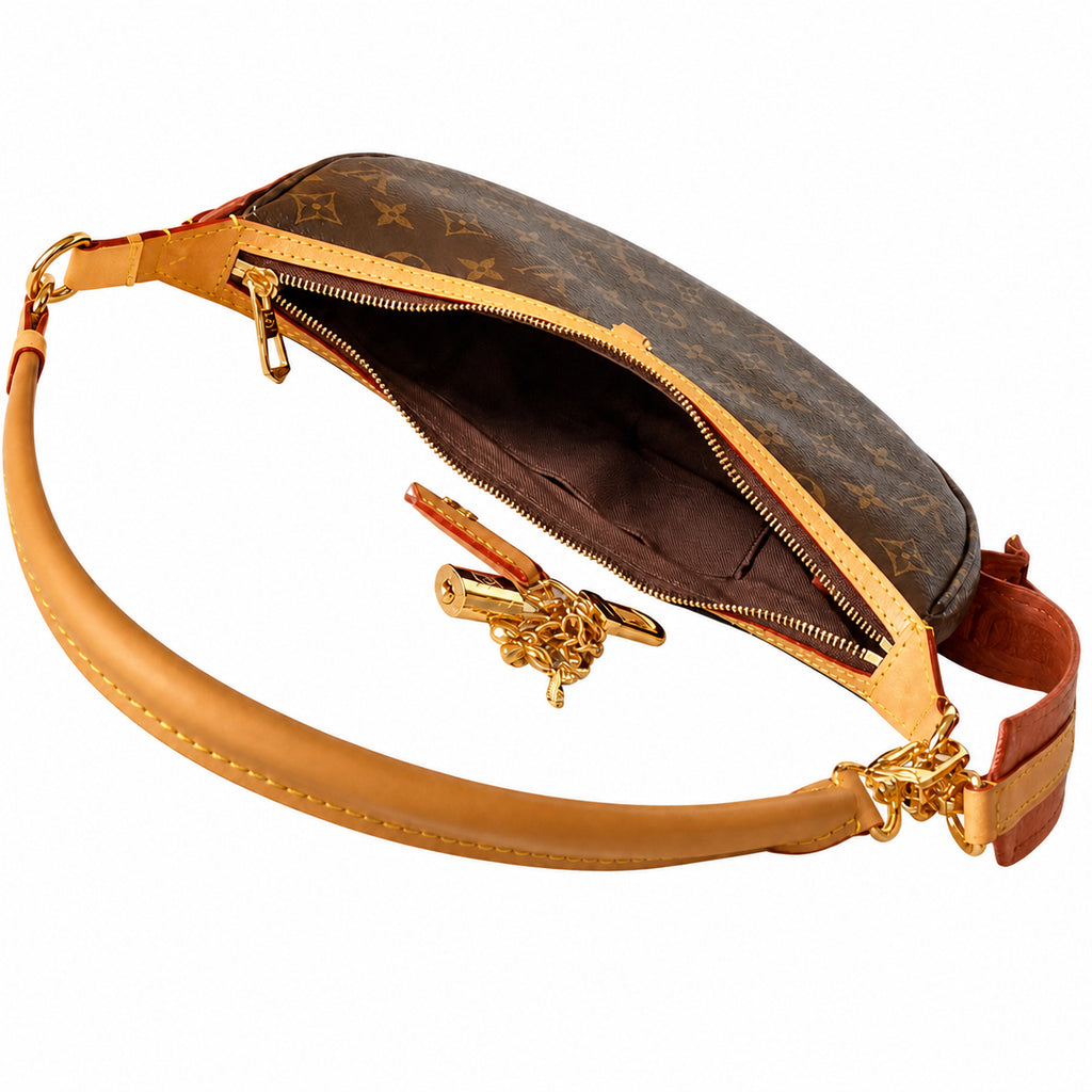 Louis Vuitton Premium Bumbag — Monogram Canvas, Red-Trim Vachetta Belt & Gold Padlock
