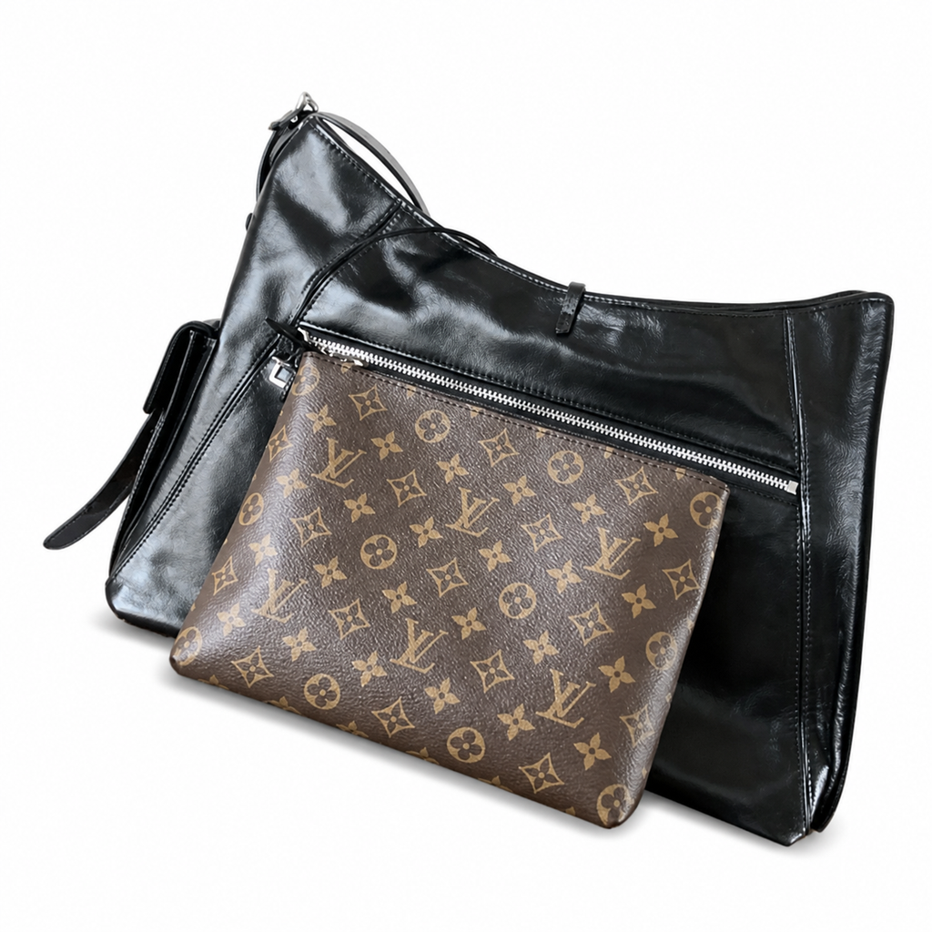 Louis Vuitton Melie — Noir Smooth Calfskin, Central Leather Bow, Side Ties & Monogram Luggage Tag