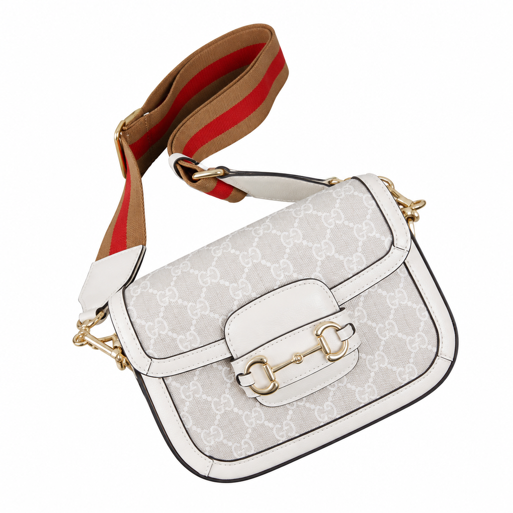 Gucci Horsebit 1955 Mini Crossbody Bag in White GG Supreme with Wide Web Strap