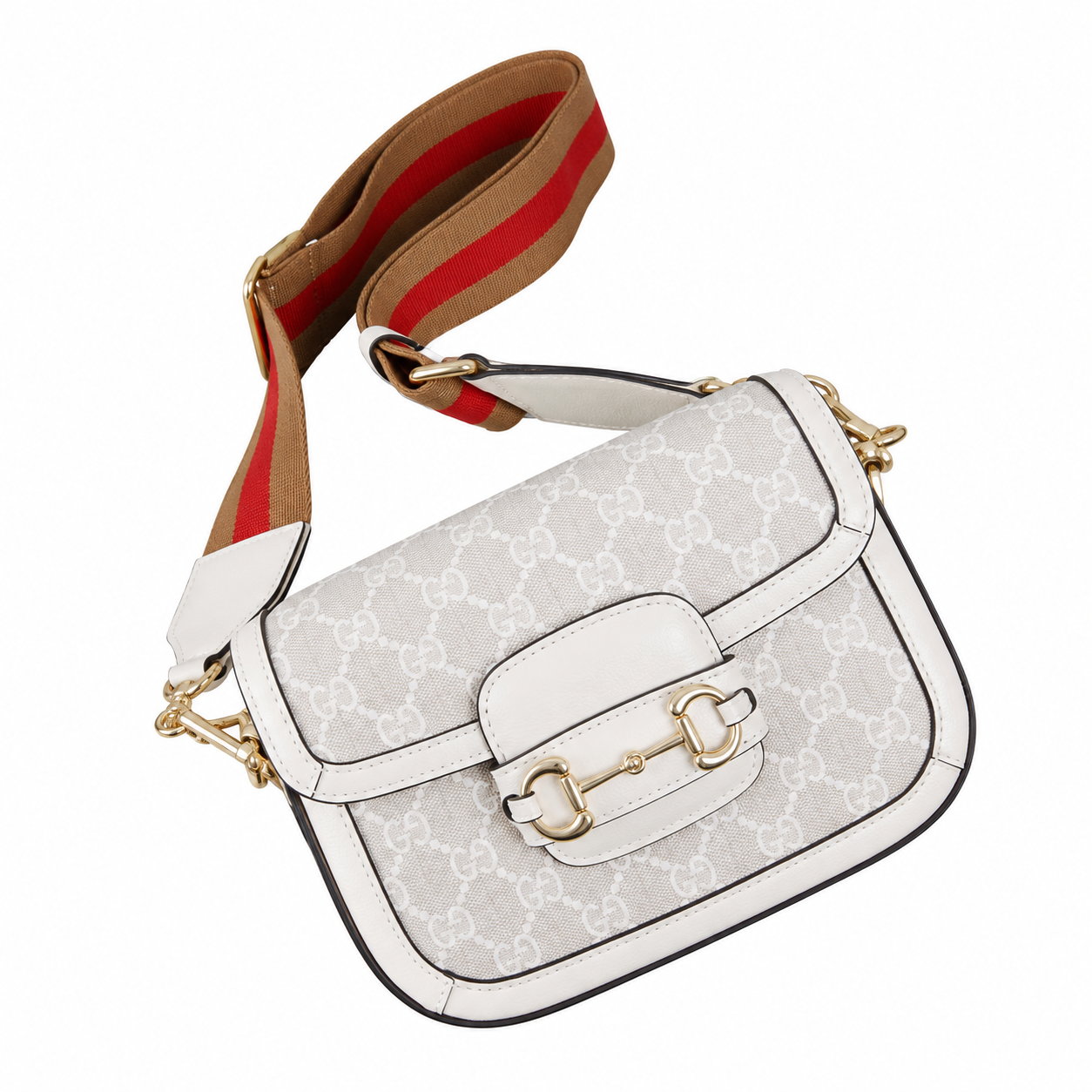 Gucci Horsebit 1955 Mini Crossbody Bag in White GG Supreme with Wide Web Strap