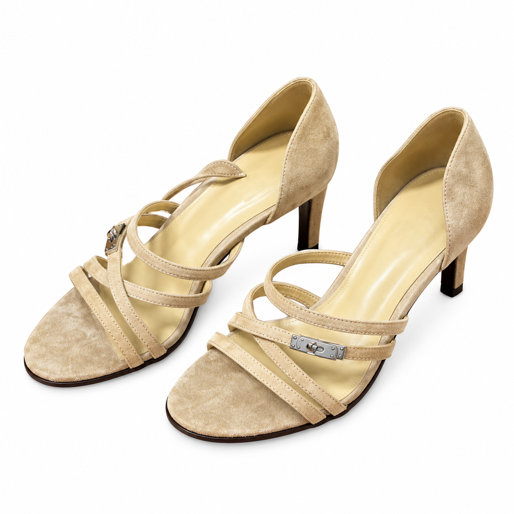 Hermès Beige Cross-Strap Heeled Sandals