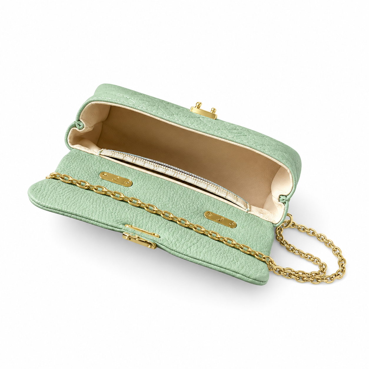 Louis Vuitton Madeleine BB — Monogram Empreinte Leather in Vert d’Eau with Gold Chain & Crystal Charm