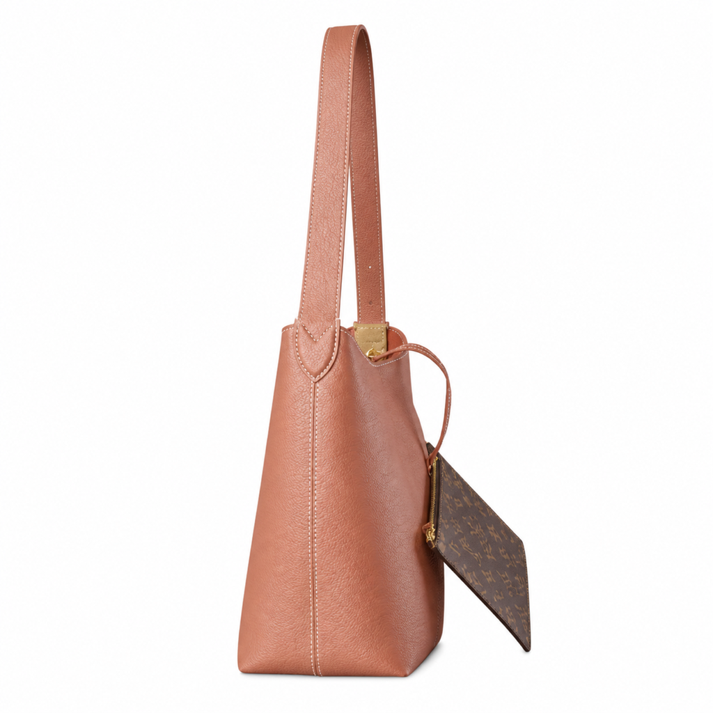 LV Rose Pink Grained Leather Shoulder Bucket Bag | With Monogram Coin Purse