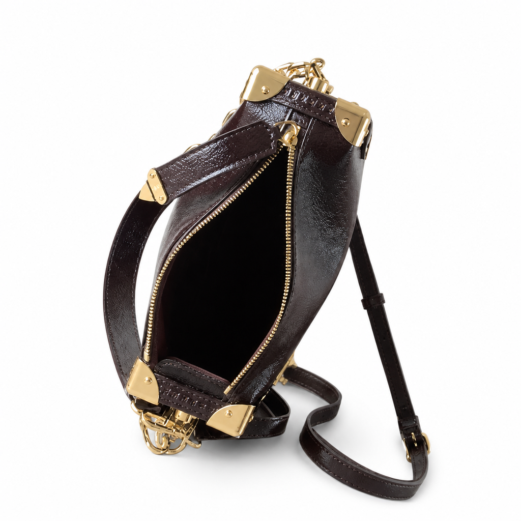 Louis Vuitton Mini Flap Crossbody — Chocolat Moka Grained Leather, Gold V-Lock, Flap Strap & Corner Guards