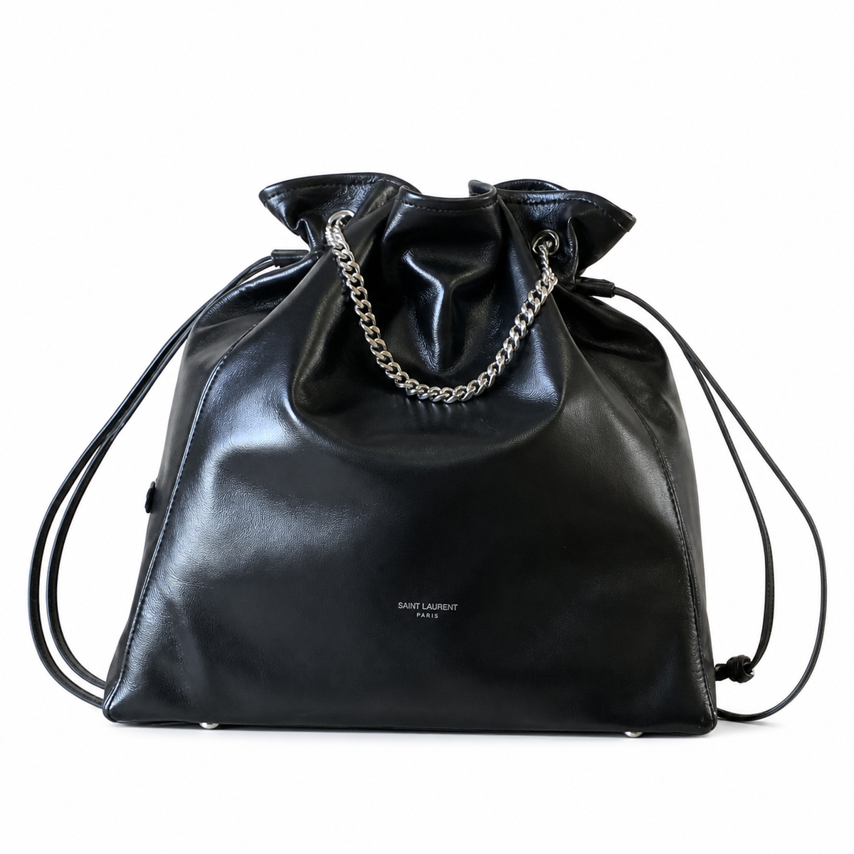 Saint Laurent Drawstring Bucket Bag — Noir Calfskin, Quatrefoil Chain Handle, Leather Drawstring & Tassel