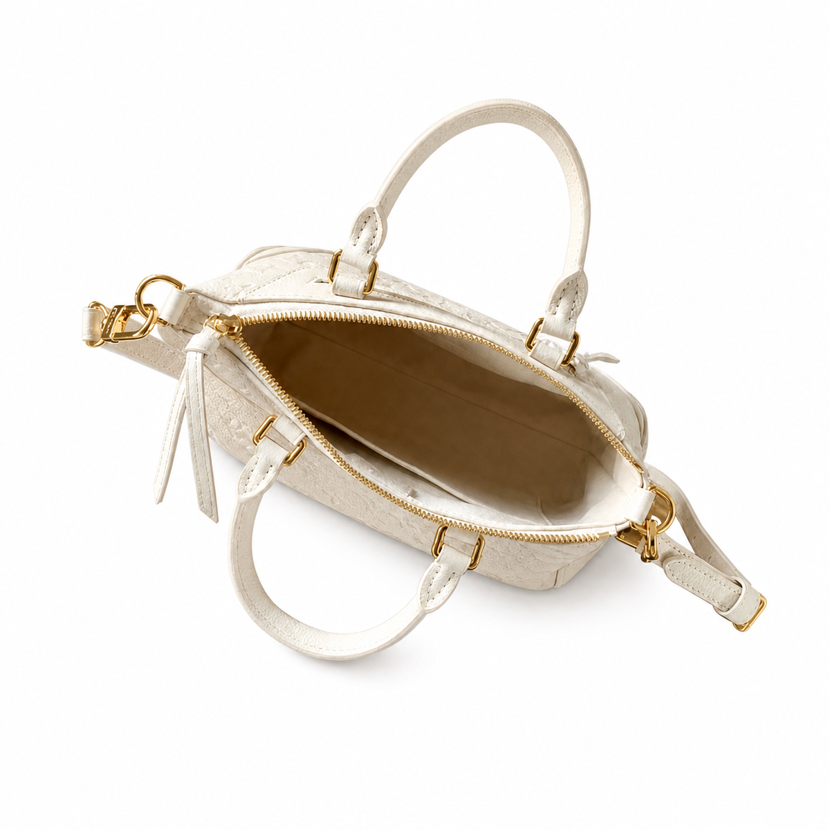 Louis Vuitton Giant Monogram Top Handle — Crème Ivoire Empreinte, Tonal Double Handles & Carabiner Strap