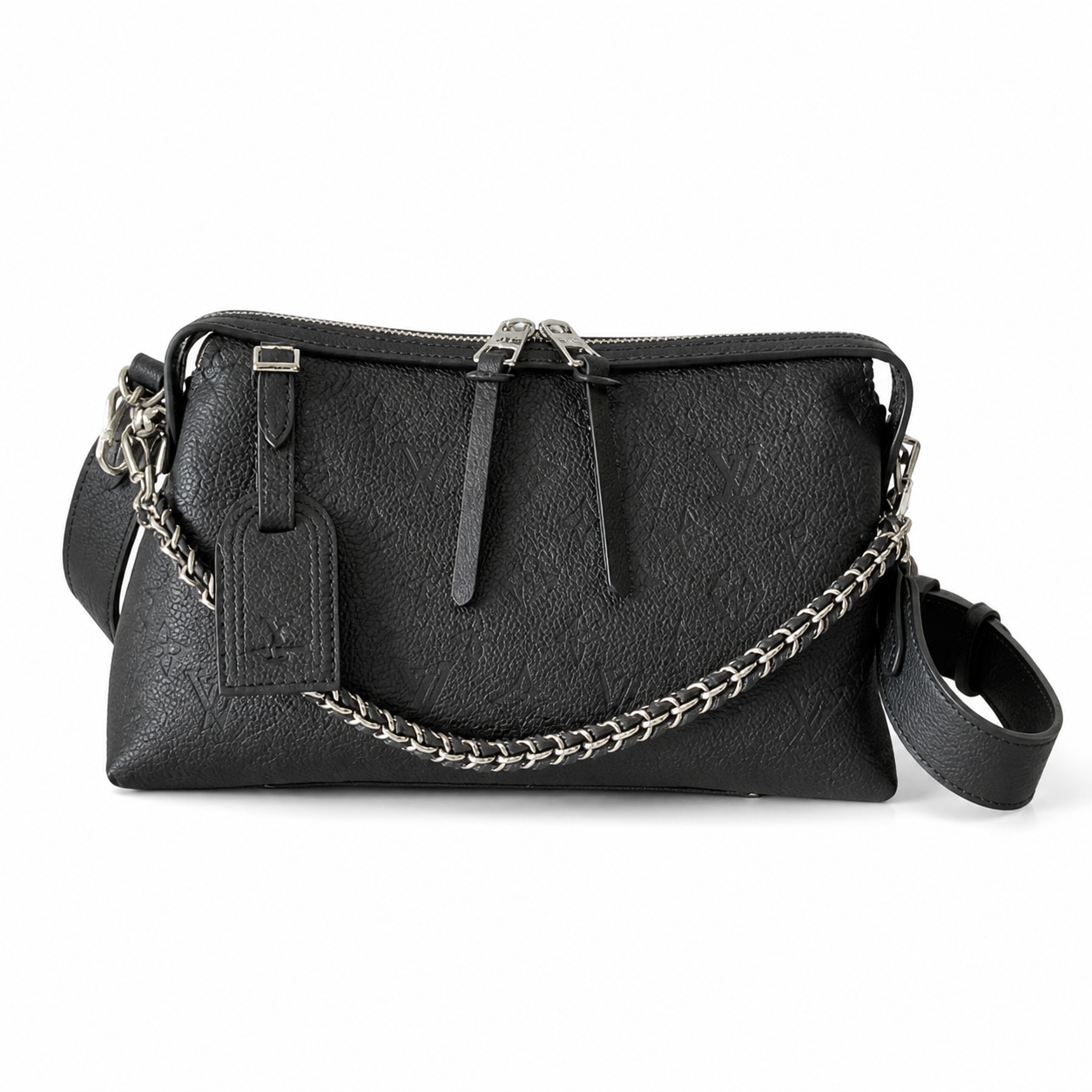 Louis Vuitton Mahina Belt Bag — Noir Black Triangular Cone, Silver Chain & Adjustable Belt Strap