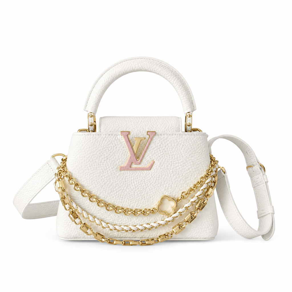 Louis Vuitton Capucines Mini — Taurillon Leather in Blanc with Triple Gold Chain & Flower Charm