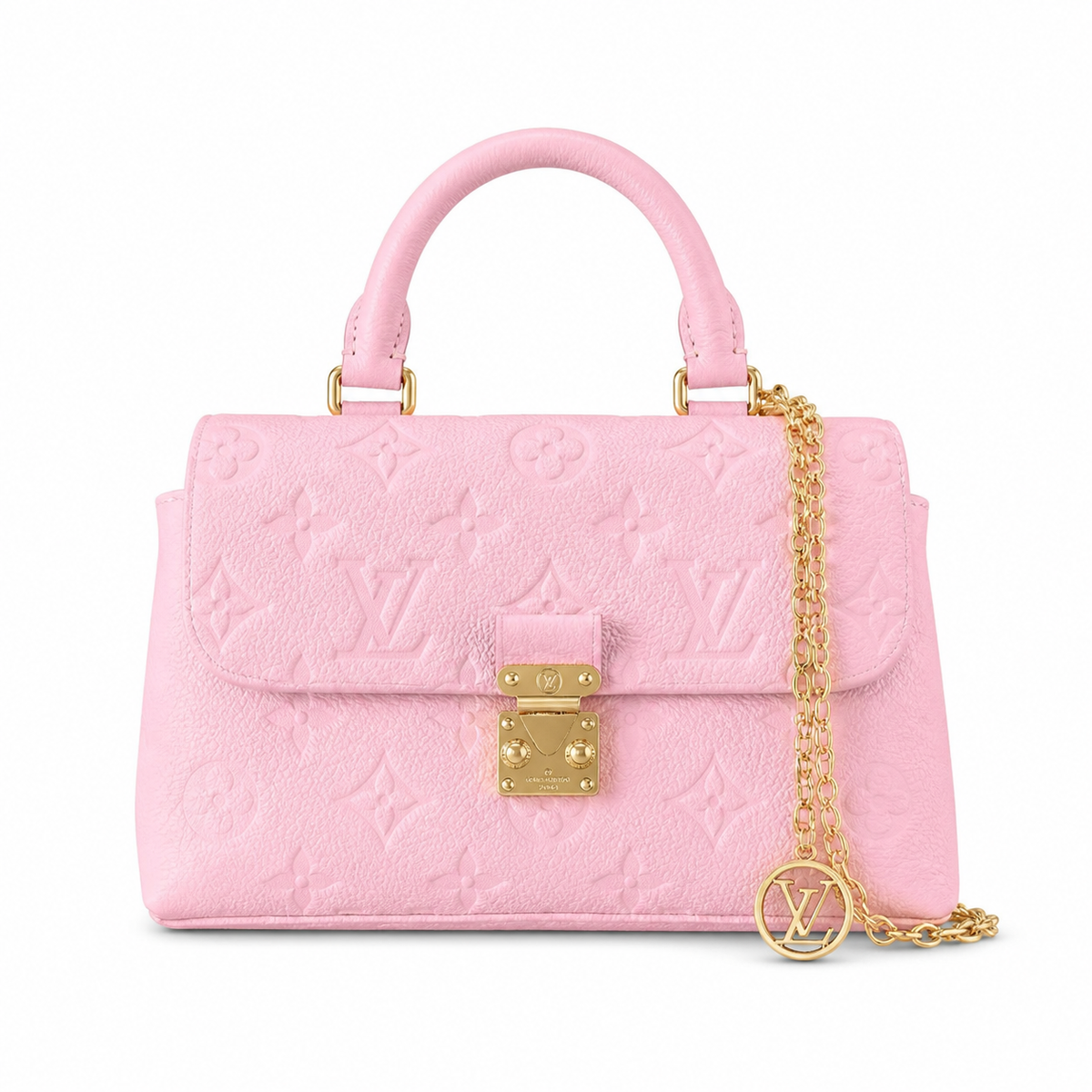 Louis Vuitton Dauphine Mini — Monogram Empreinte Leather in Rose Bonbon with Gold Chain & LV Charm