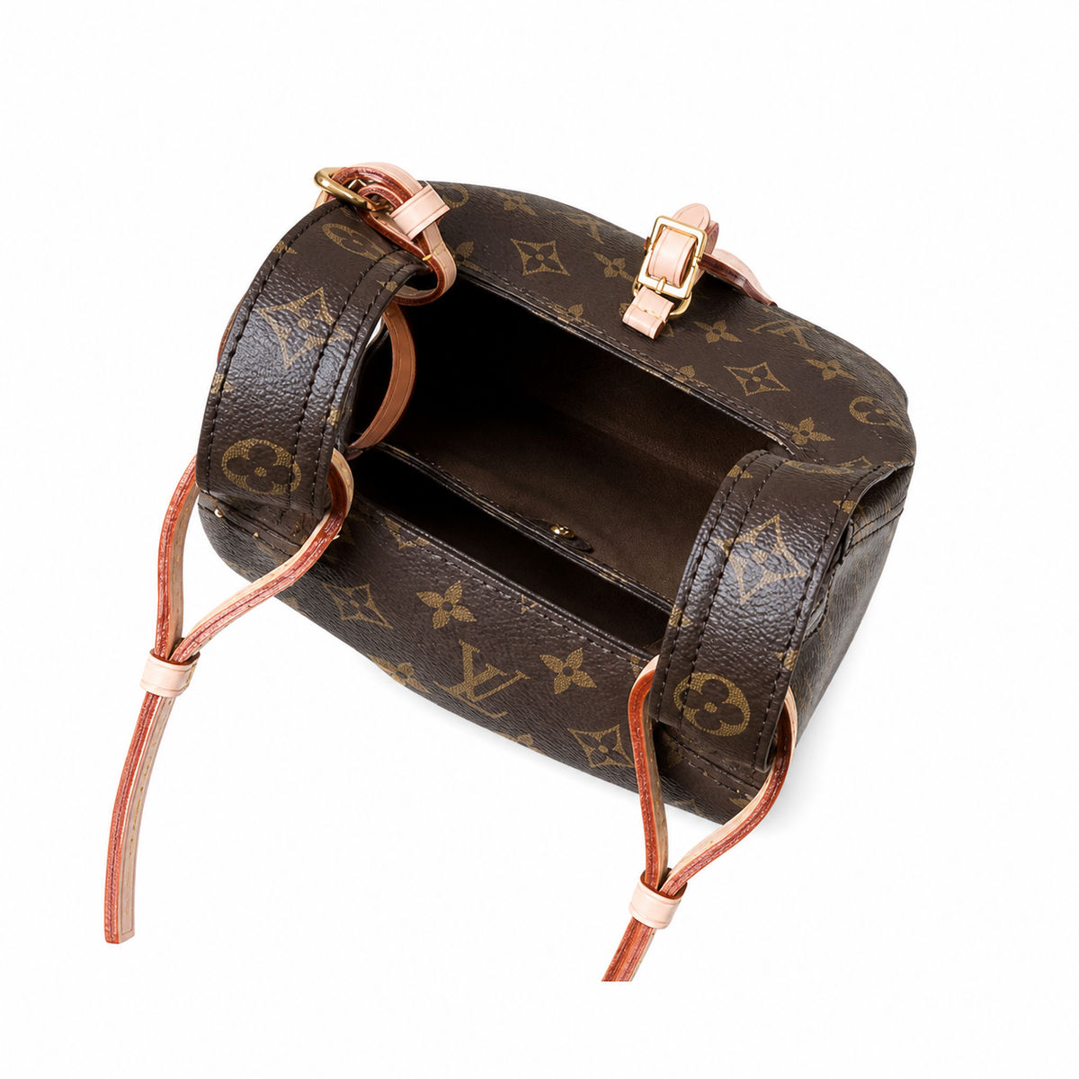 Louis Vuitton Mini Bucket — Monogram Canvas, Red-Trim Vachetta Strap & Gold Chain Base