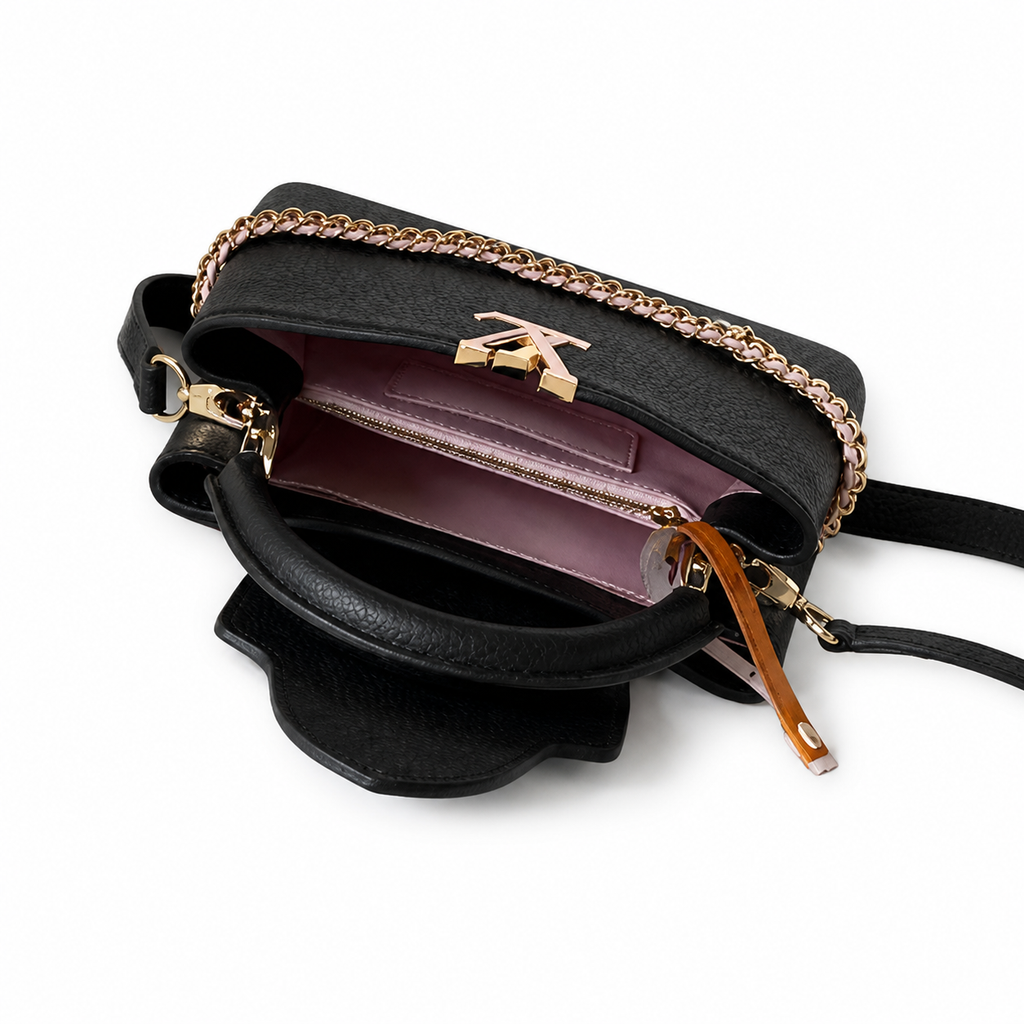 Louis Vuitton Capucines BB — Noir Taurillon, Rose Gold & White Enamel Floral