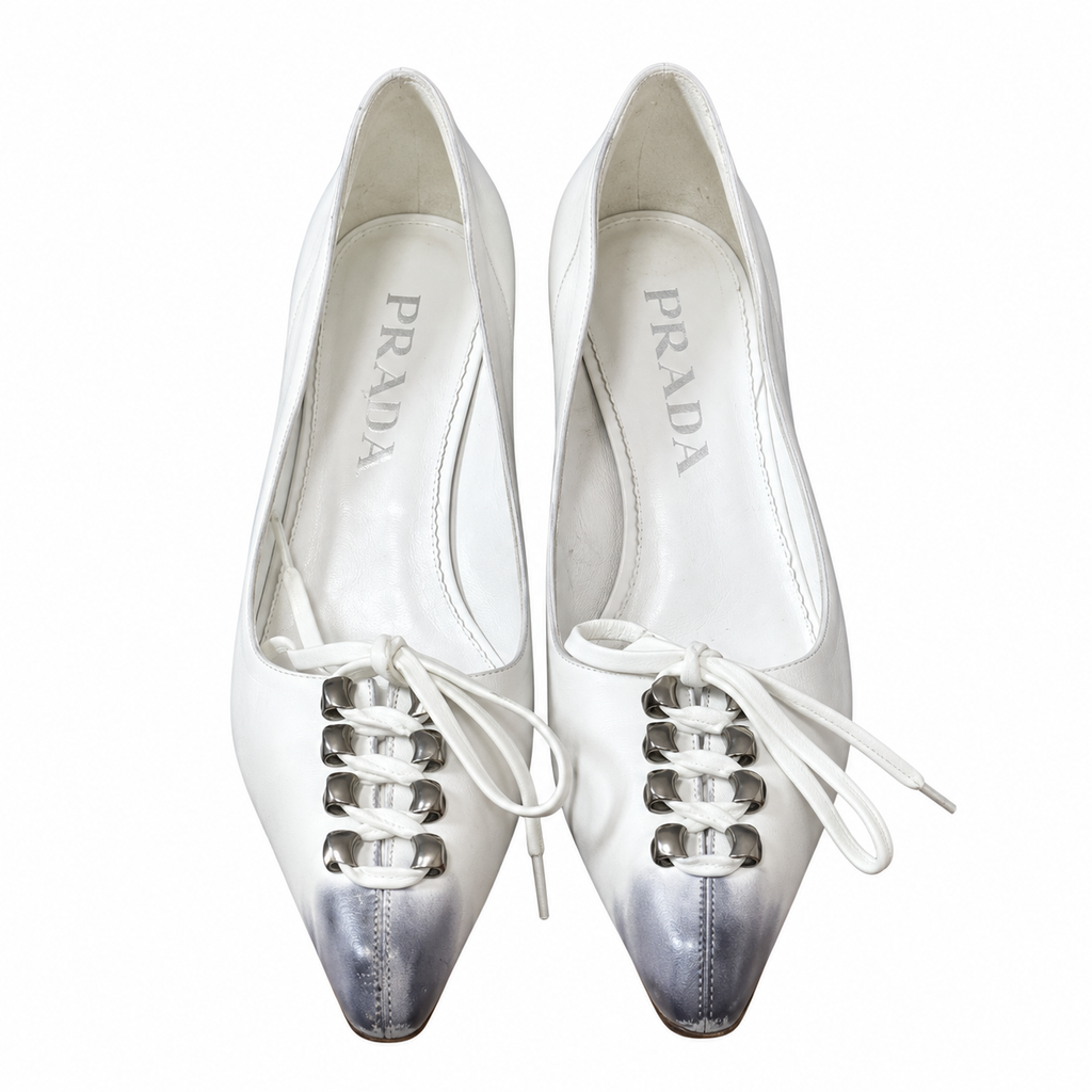 Prada White Silver-Tone Toe Lace-Up Pumps