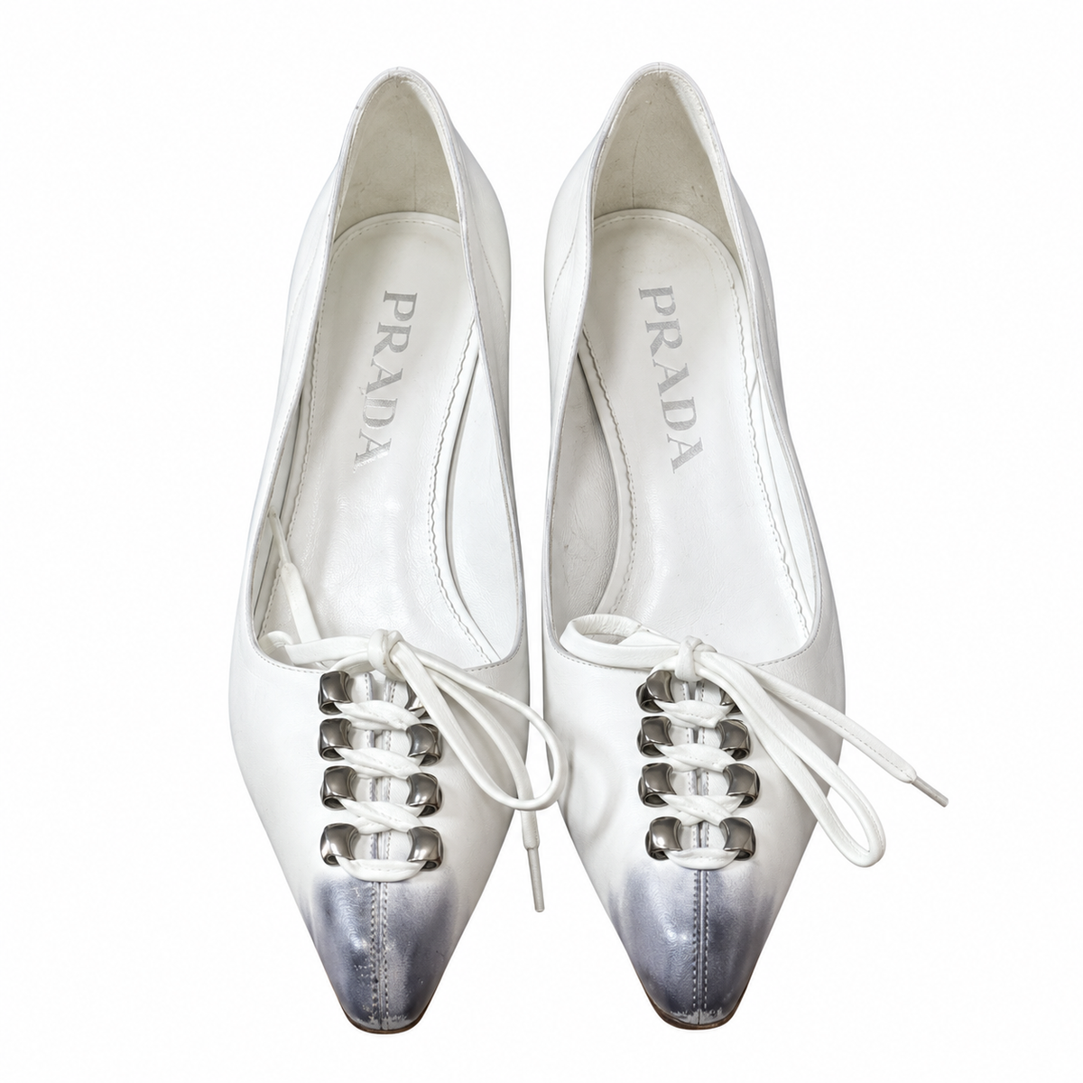 Prada White Silver-Tone Toe Lace-Up Pumps