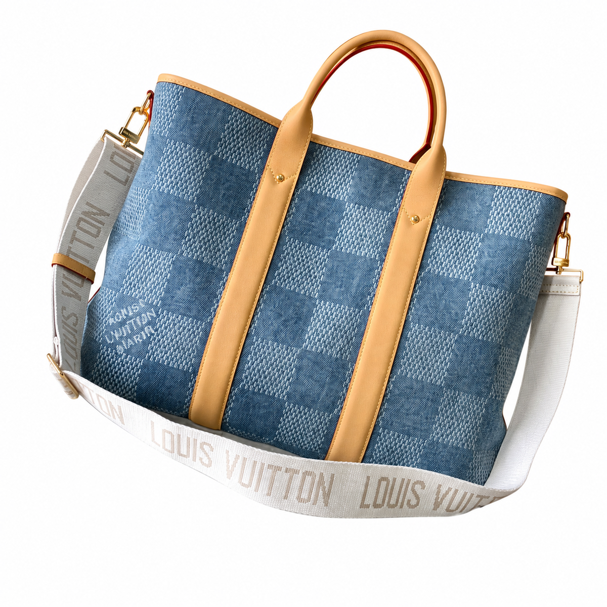 Louis Vuitton On The Go GM — Monogram Denim Canvas, Vachetta Trim & LV Logo Wide Strap