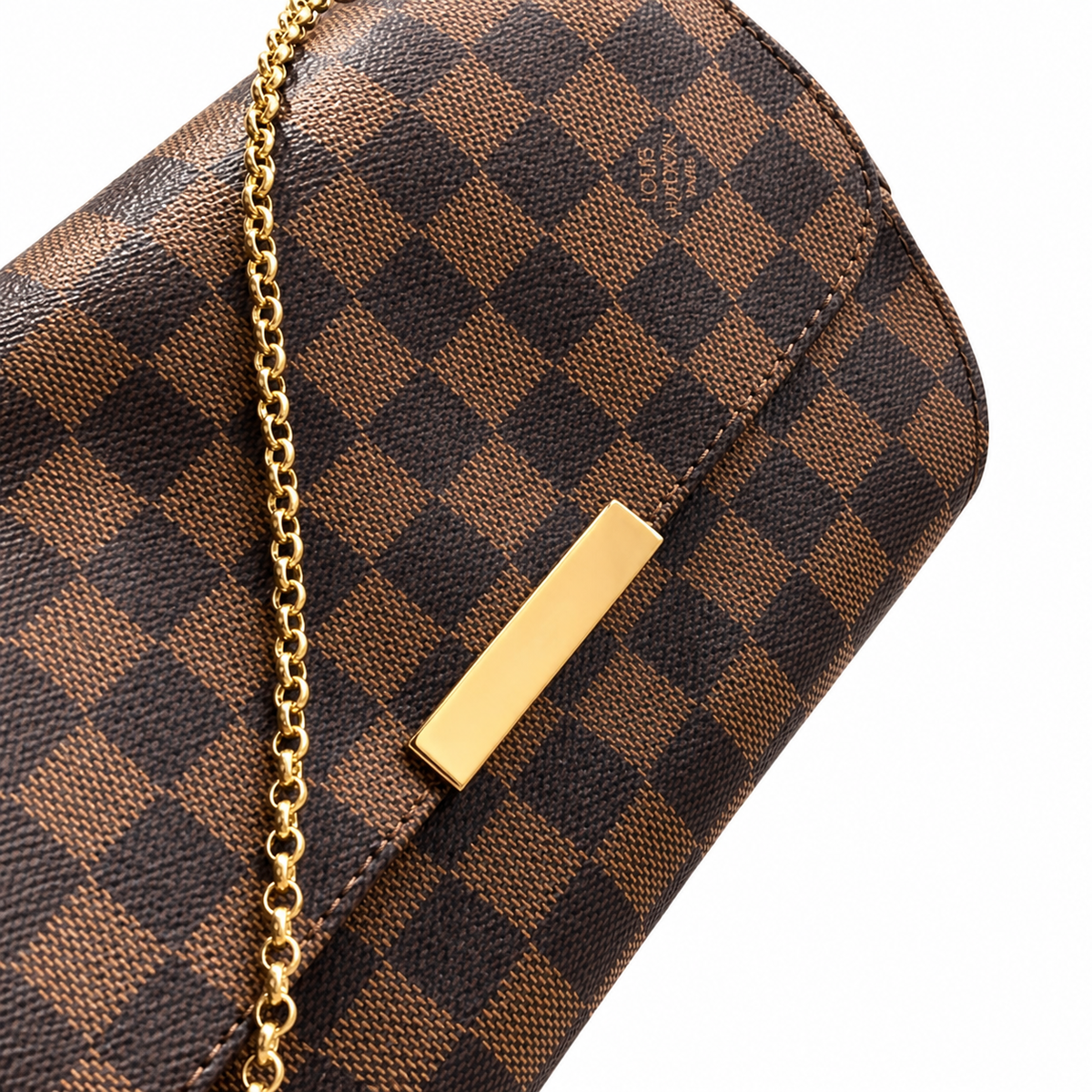 Louis Vuitton Favorite MM — Damier Ebène Canvas, Detachable Gold Chain, Dome Rivets & Zip Closure