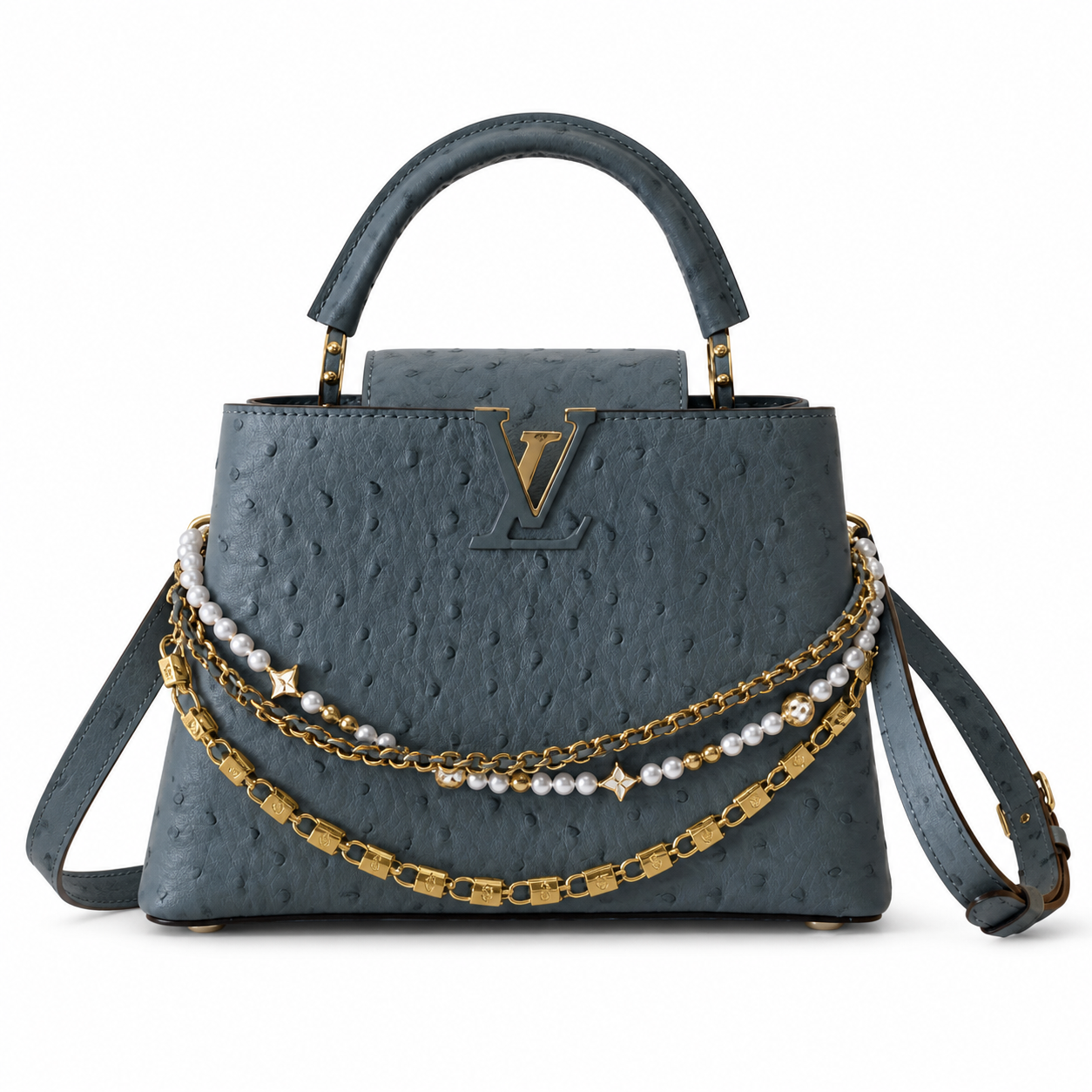 Louis Vuitton Capucines BB — Autruche Ostrich Leather in Bleu Orage with Jewelled Chain & Gold Hardware